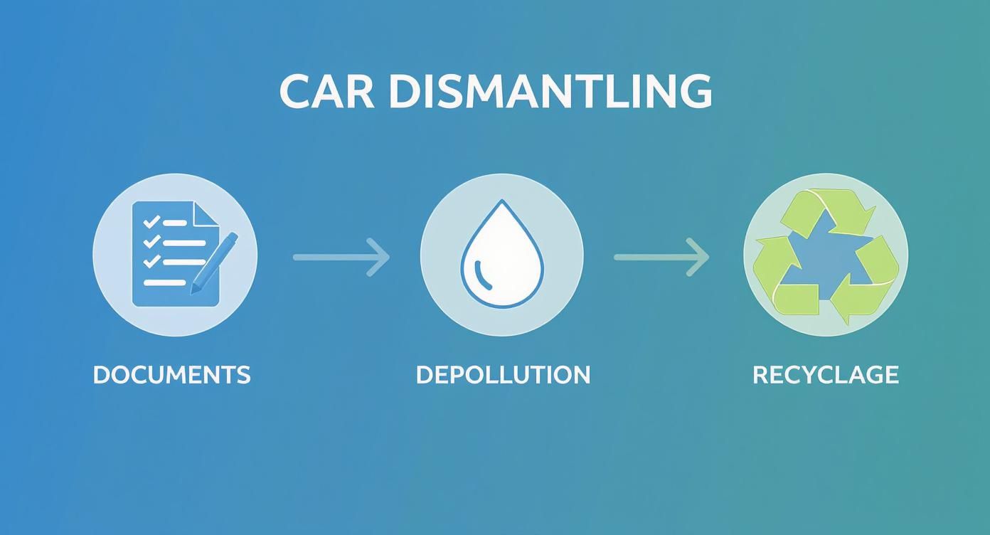 Infographie illustrant les étapes du démontage de voiture : documents, dépollution et recyclage des matériaux.