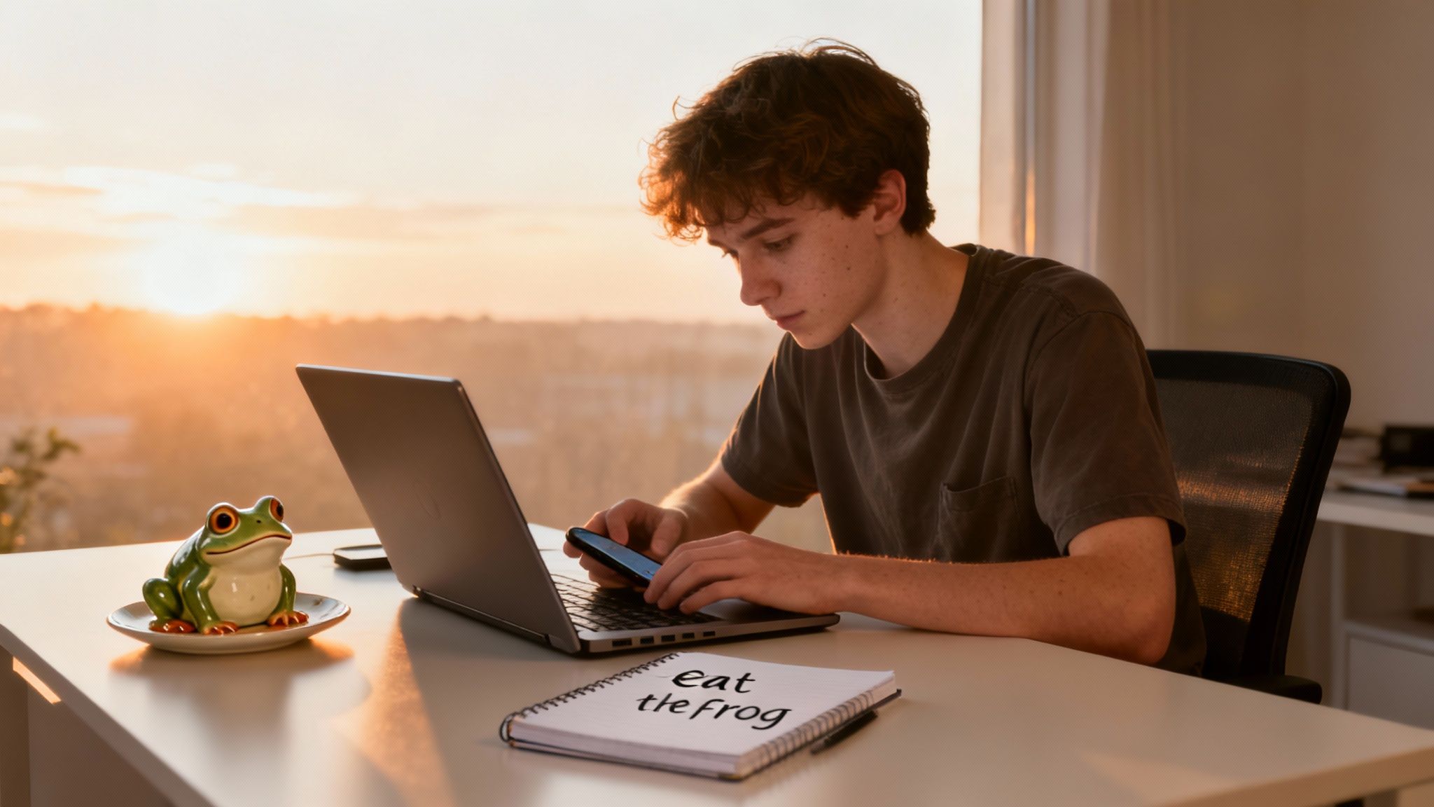 Young man working on laptop with phone and notebook showing eat the frog text