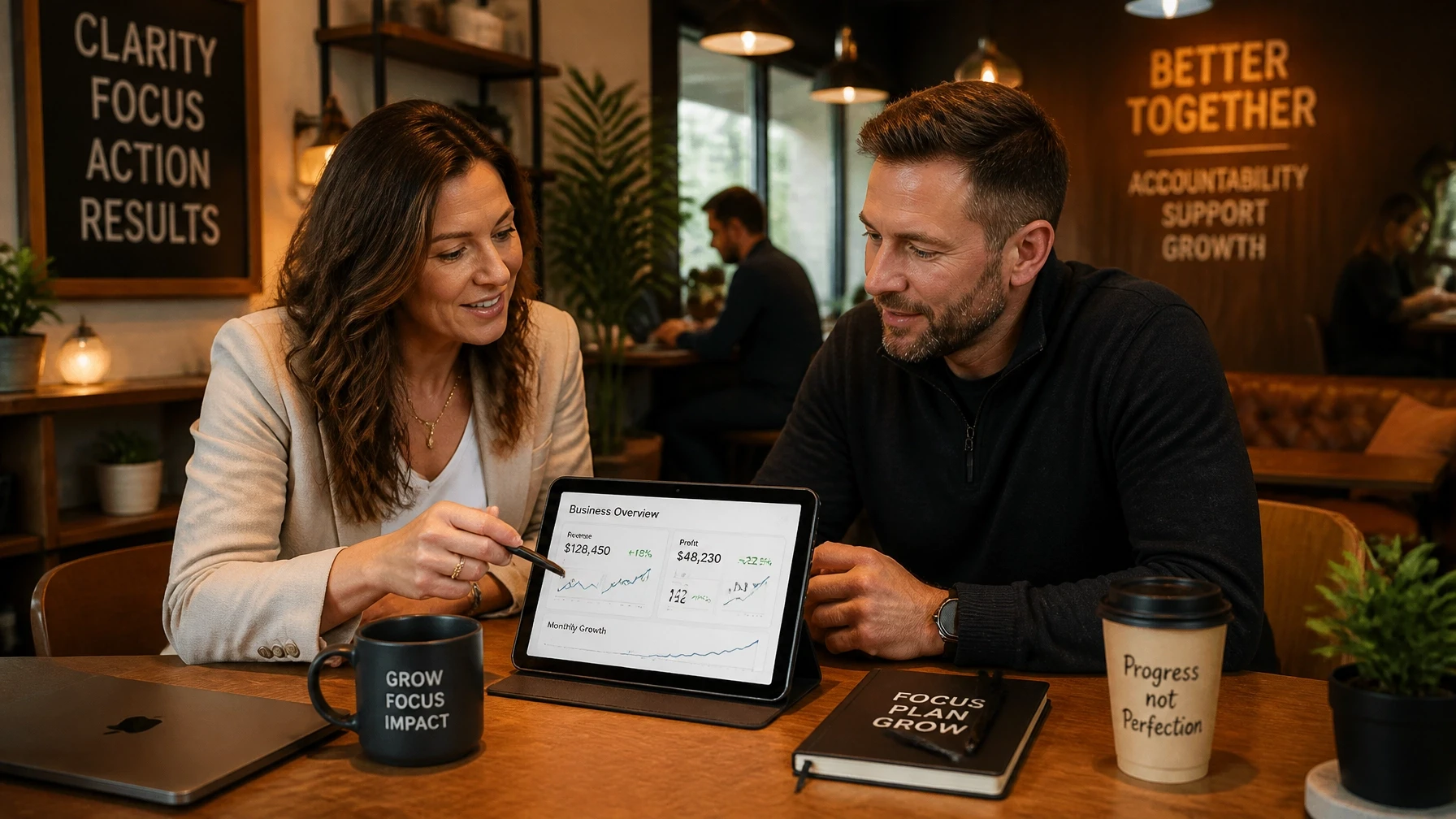 A business owner and a coach looking at a tablet with a dashboard showing upward-trending lines, representing partnership and growth.