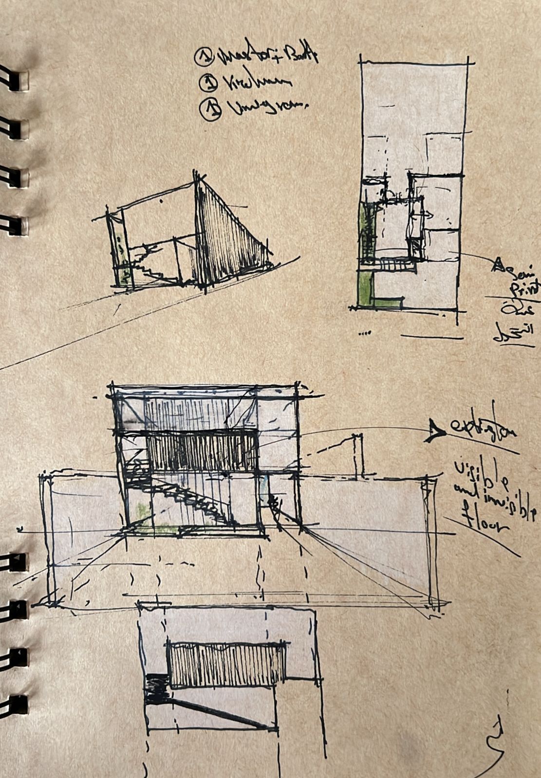 Double-height interior with flowing sculptural forms and warm raking light
