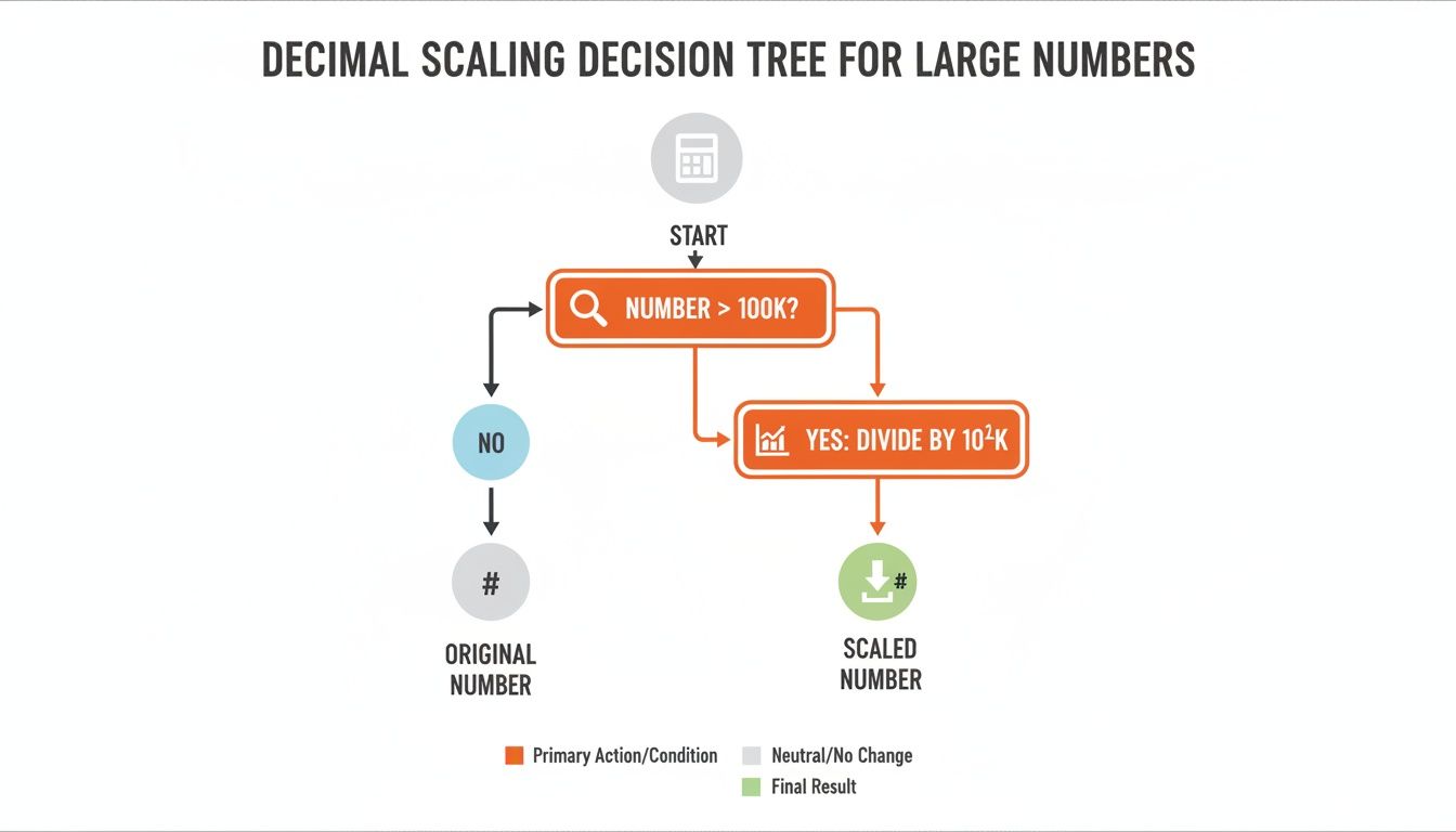 A flowchart showing a decimal scaling decision tree for large numbers, conditional on numbers over 100K.