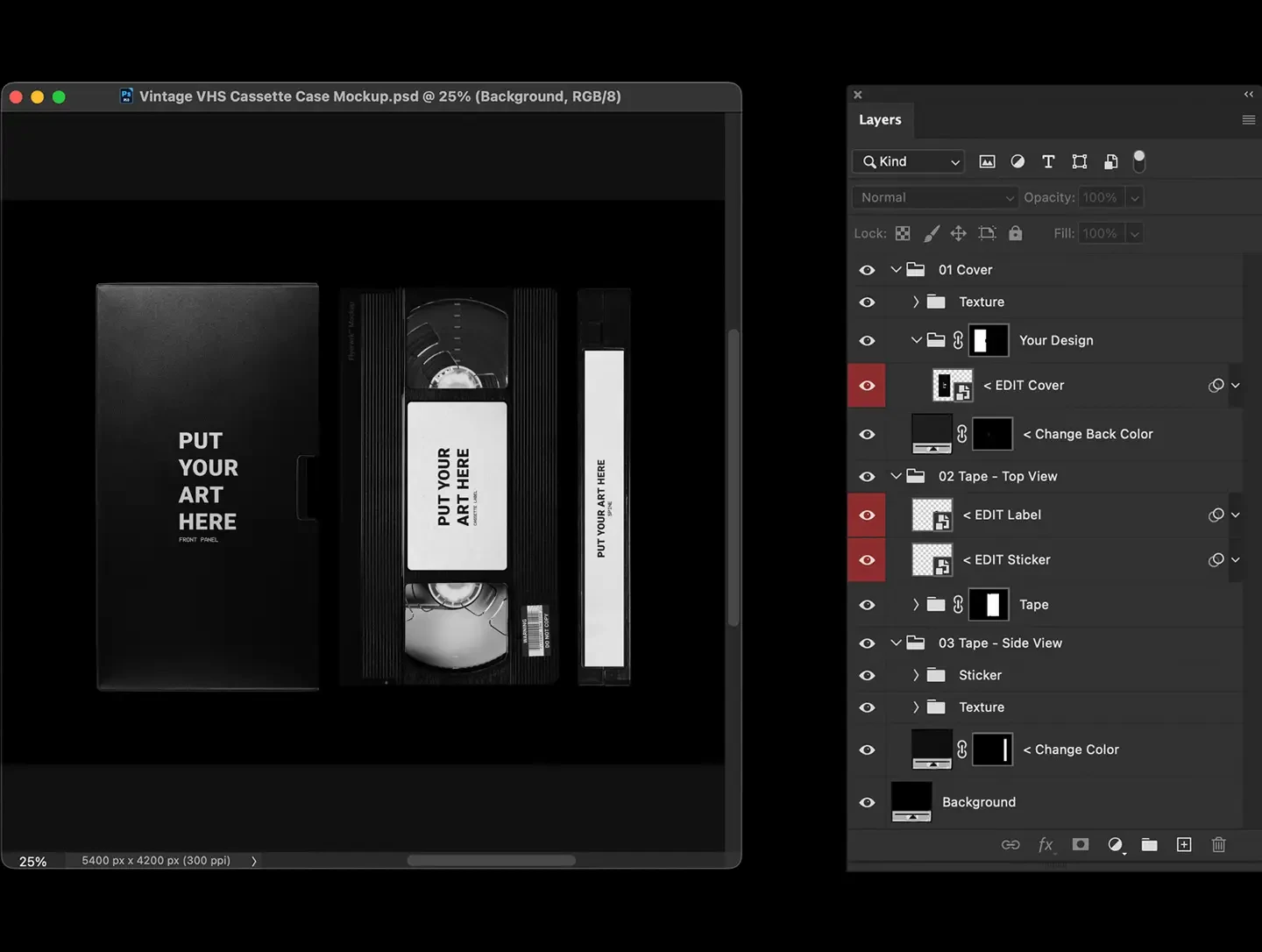 Retro VHS Cassette Mockup showcasing the organized Photoshop layers panel and smart object editing for designs