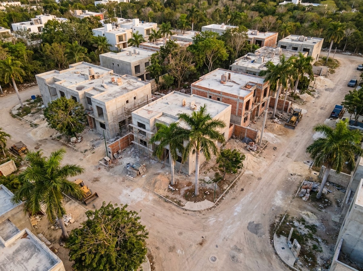 Construcción residencial en una colonia de Mérida, Yucatán con casas nuevas y vegetación tropical