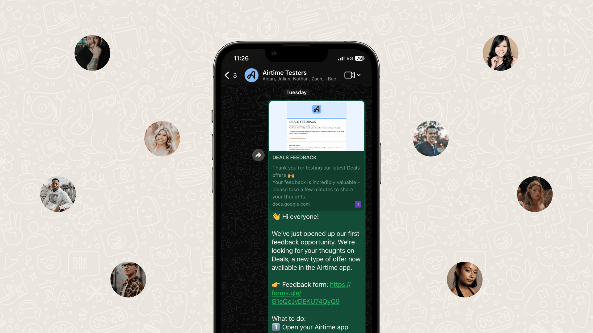 Phone showing an Airtime Testers WhatsApp message, surrounded by participant profile photos on a patterned background.
