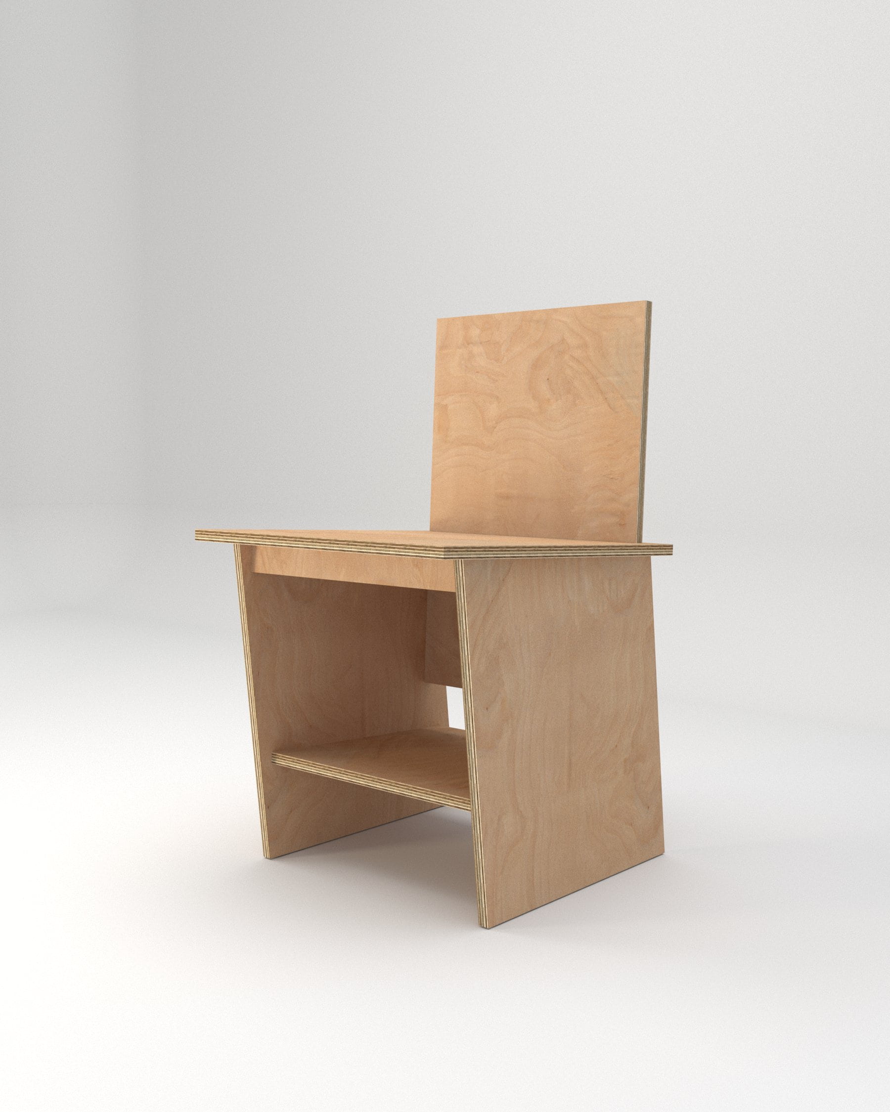 스튜디오 조명 배경의 Pause Chair 단일 정면 뷰 – 미니멀 합판 체어 디자인, Studio Underscore