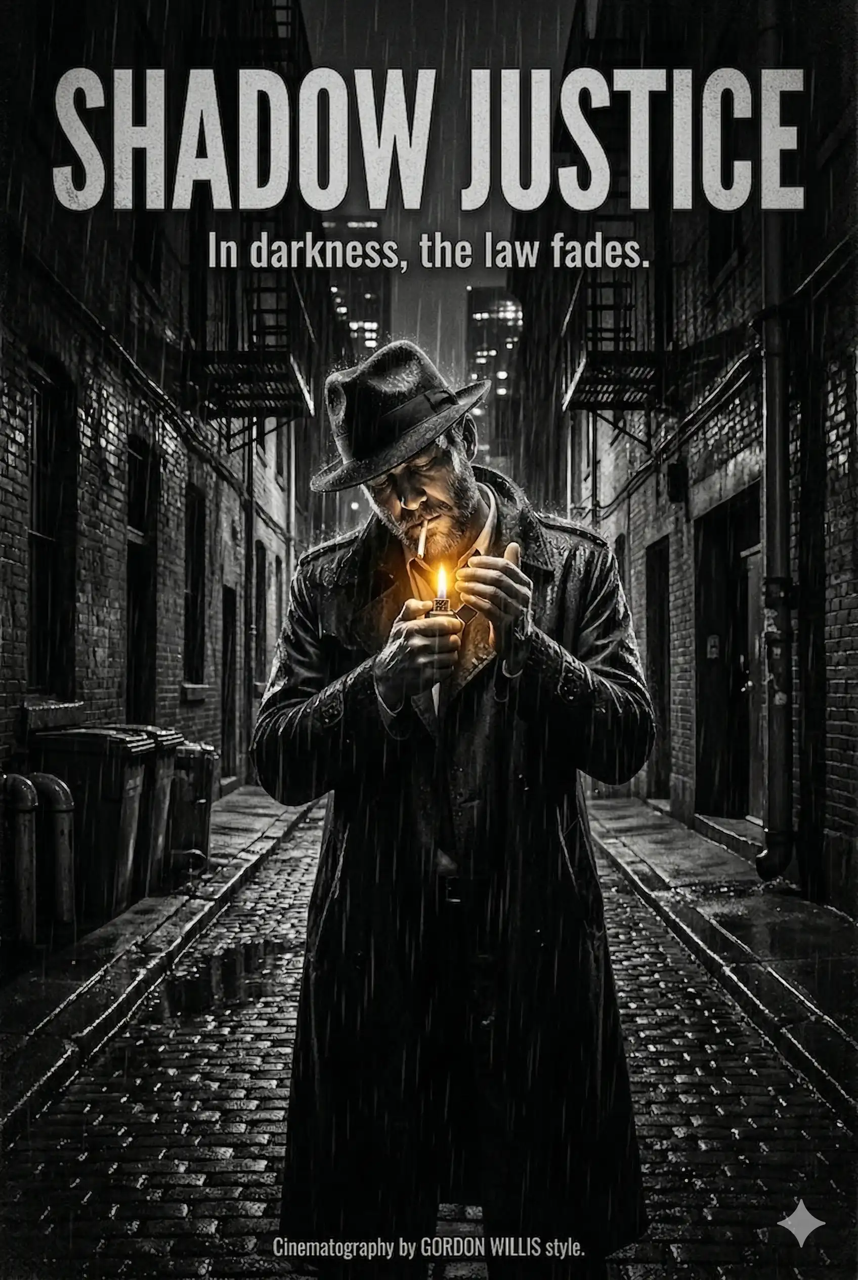 AI-generated film noir movie poster titled 'Shadow Justice', showing a detective in a fedora and trench coat lighting a cigarette in a dark, rainy alleyway, featuring a selective color glow on the lighter flame. Designed by Mahendra R.