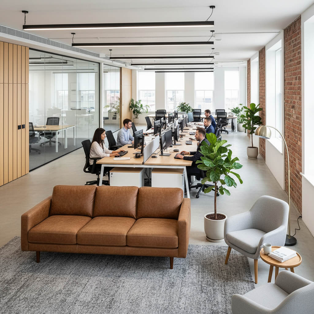 Two people in a meeting in a modern office lounge