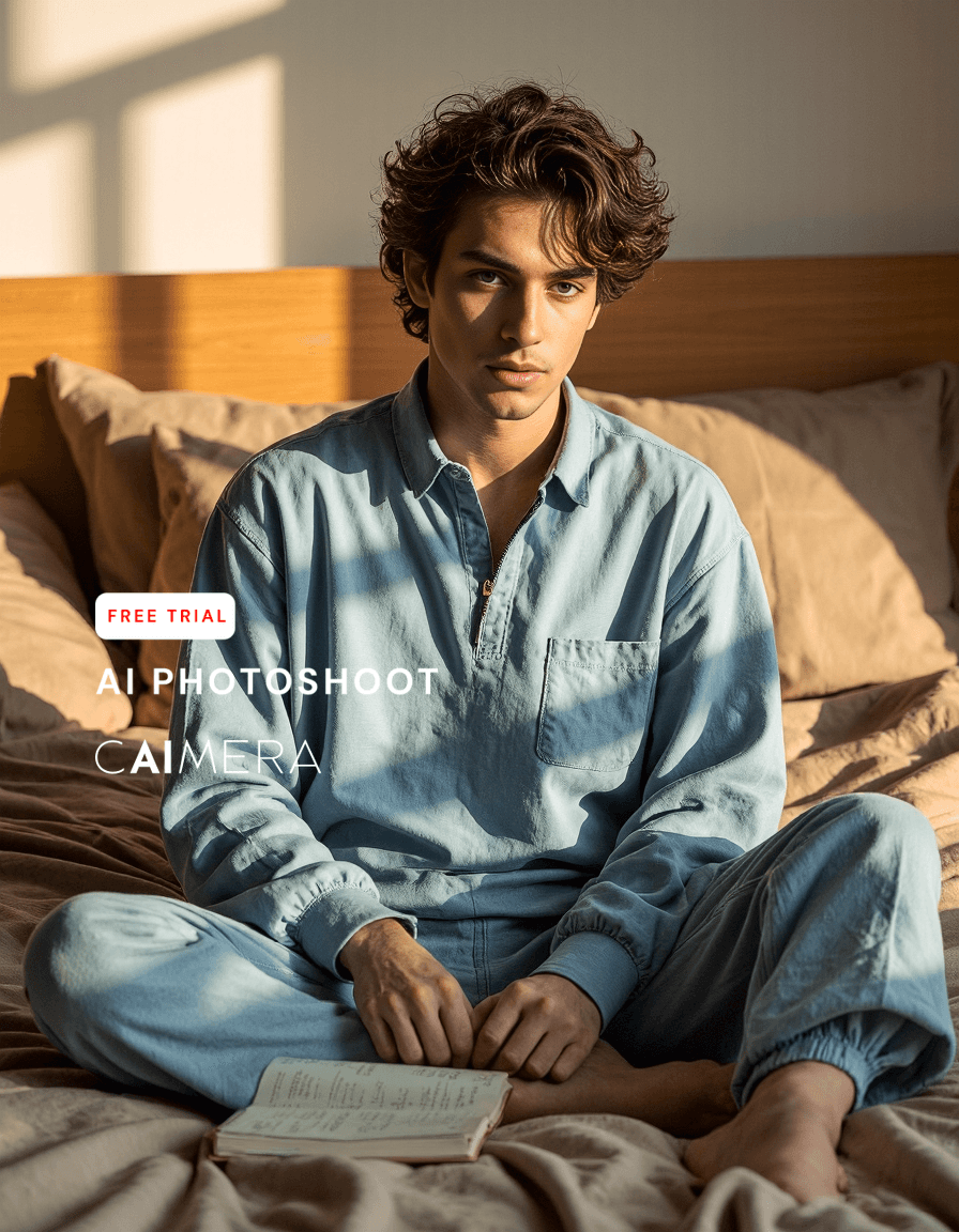 Person in light blue denim outfit sitting cross-legged on unmade bed with book, bathed in warm morning sunlight against wooden headboard