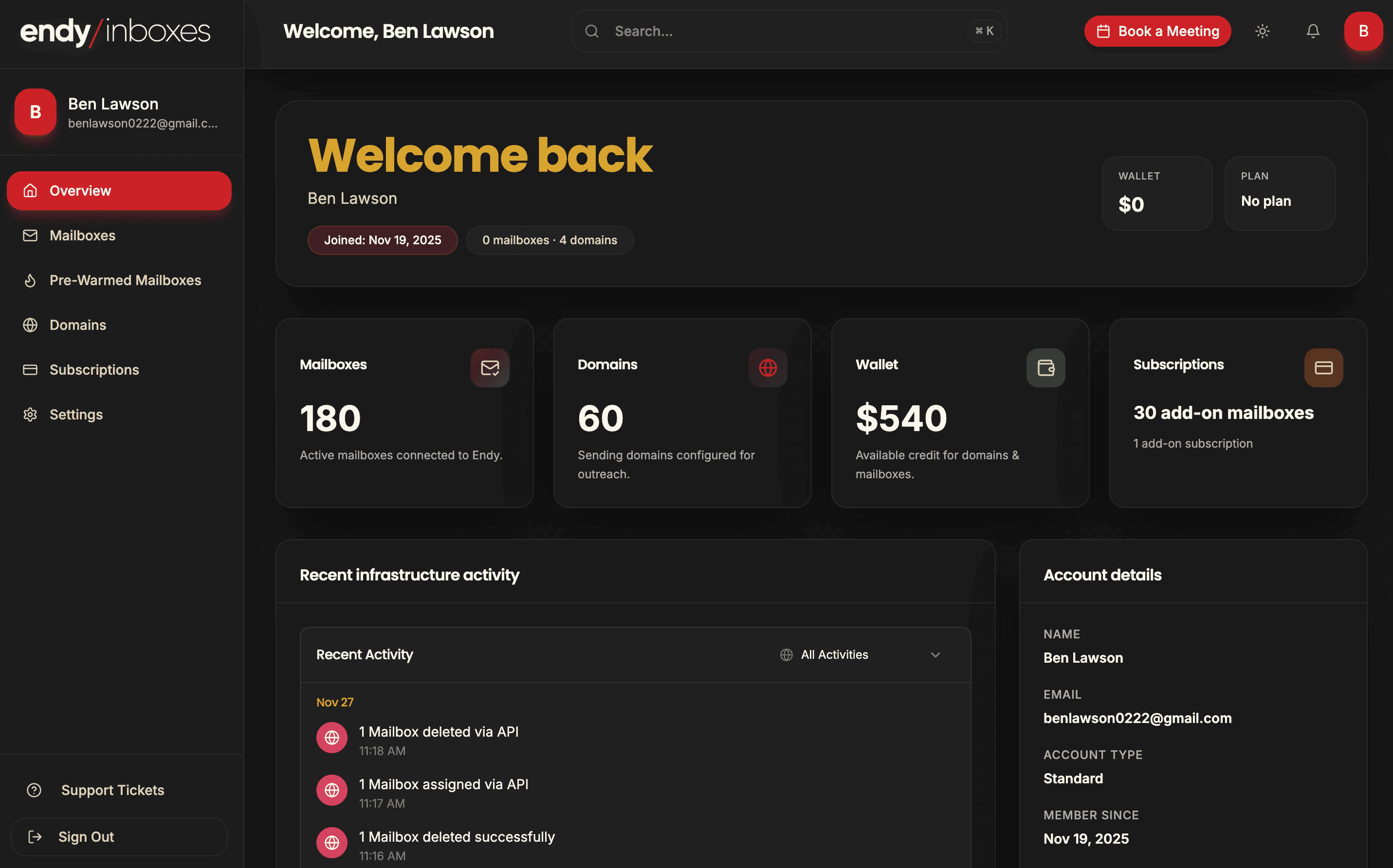 Endy Inboxes cold email infrastructure dashboard