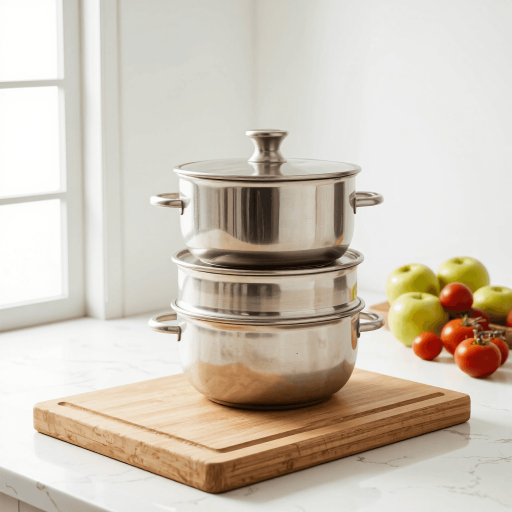 product photography of a stackable stainless steel food container with a lid, used for storing and serving food