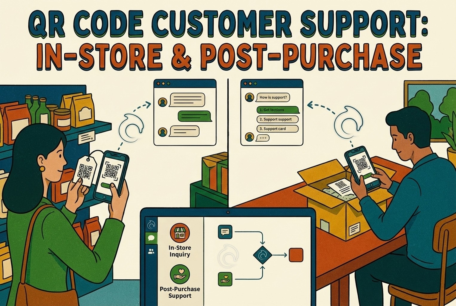 Illustration showing shoppers scanning QR codes for in-store help and post-purchase support, routing questions into a single retail support inbox.
