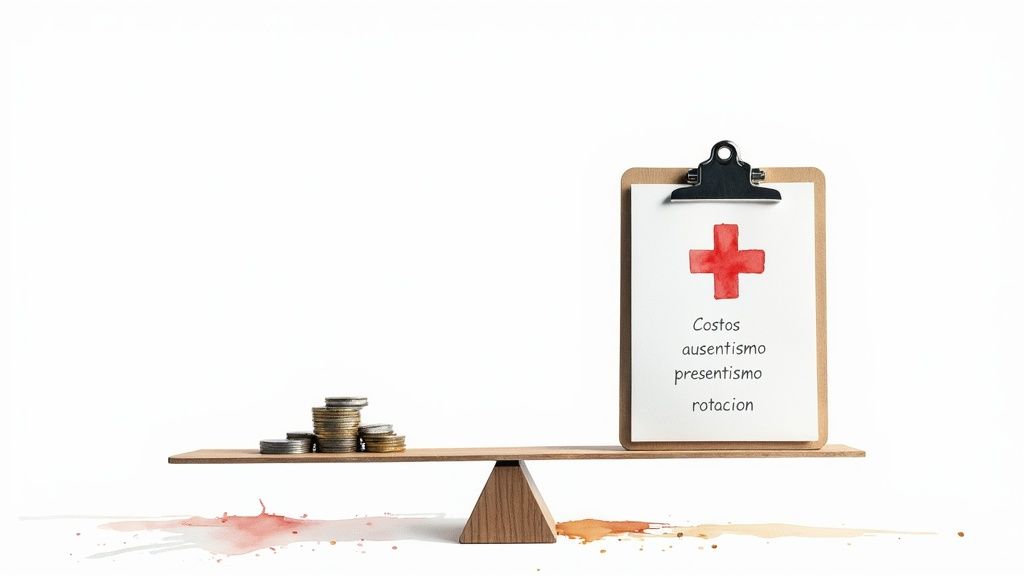 Balanza mostrando monedas y un portapapeles con una cruz roja, listando ausentismo, presentismo y rotación, representando costos laborales.