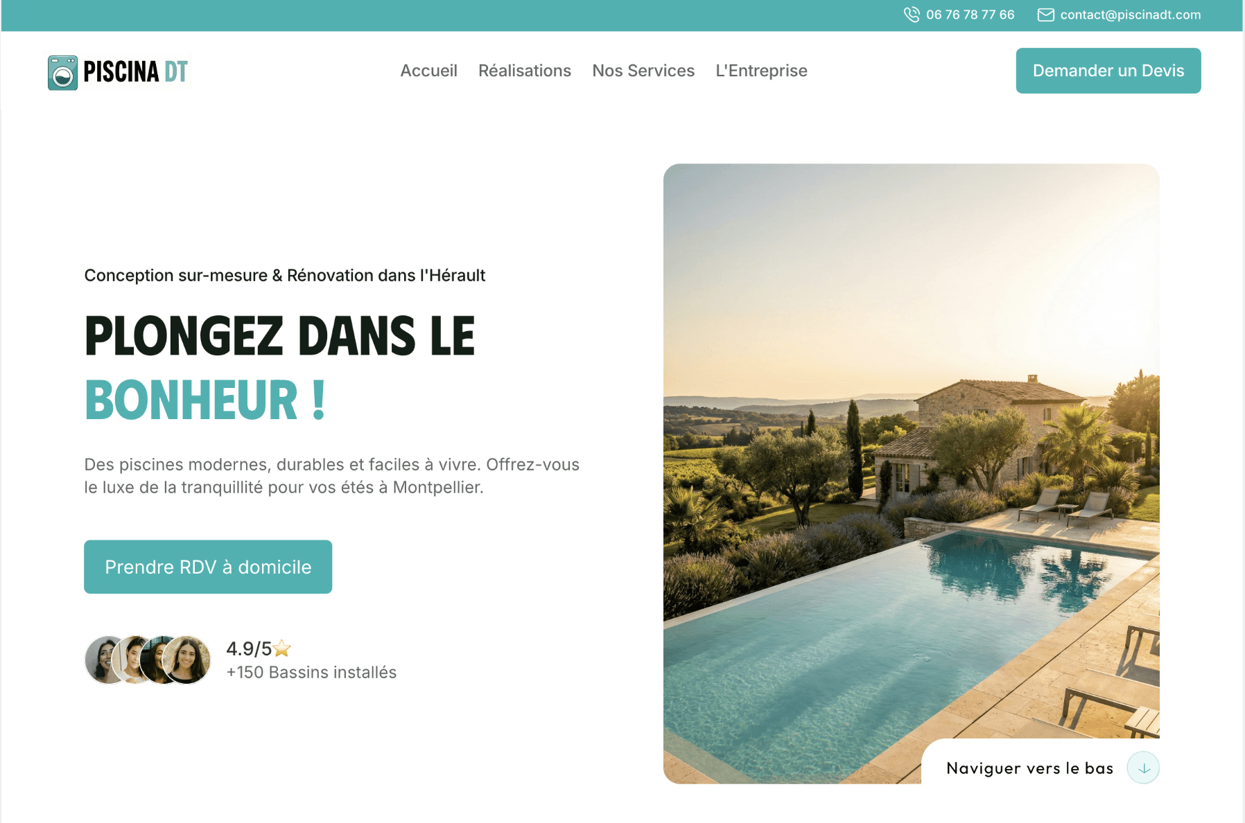 Maquette site pisciniste Montpellier par Weby Studio. Design Piscina DT moderne optimisé pour la prise de RDV.