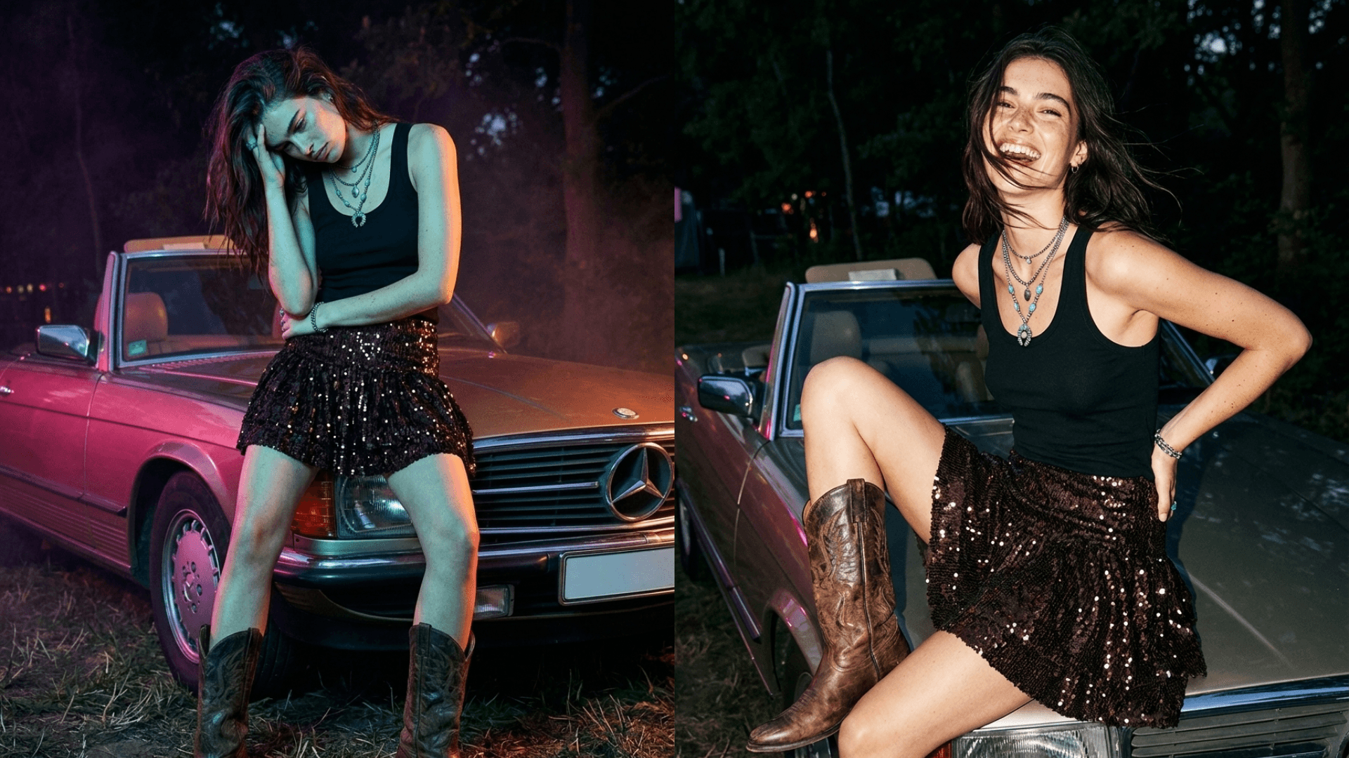 model sitting on a mercedes benz in the wild