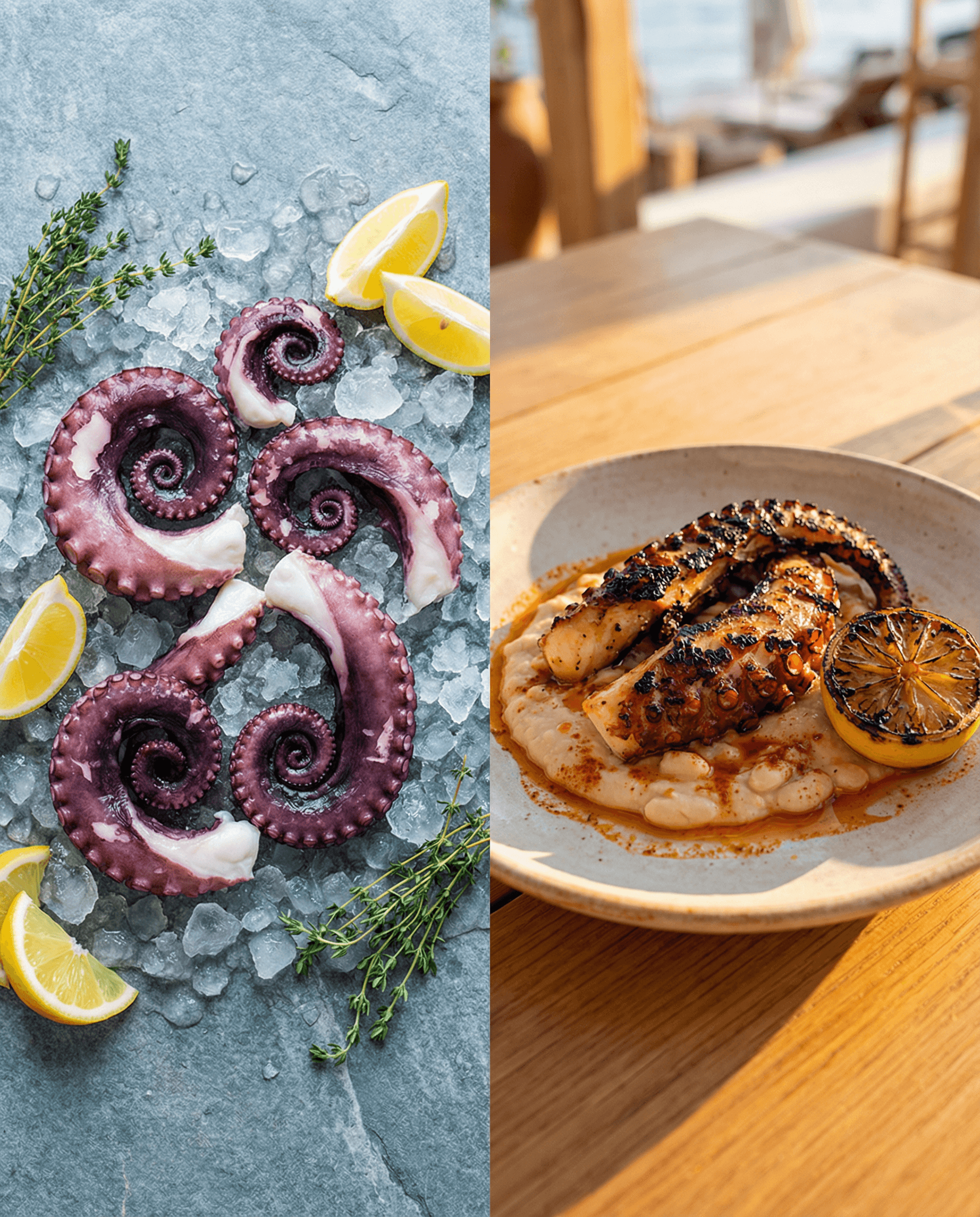 Diptych of raw octopus tentacles on ice beside grilled octopus plated with lemon.