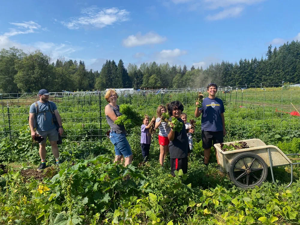 Community members of all ages gardening together at Rooted Northwest.