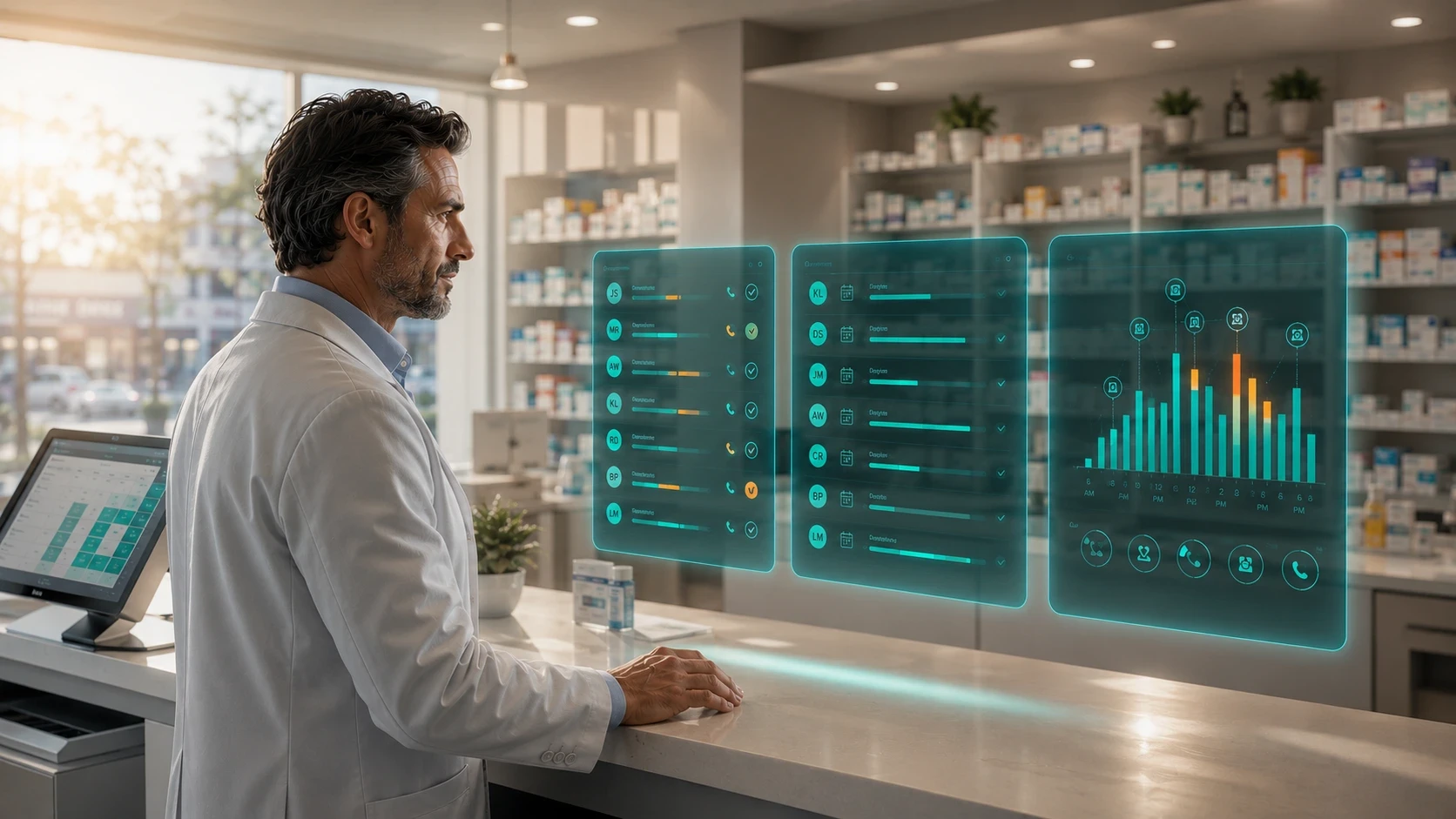 A pharmacist stands behind the counter in a modern community pharmacy, using an AI-powered management platform displayed as transparent holographic dashboards. The interface shows prescription refill requests, patient communication, appointment scheduling, and pharmacy performance analytics, while shelves stocked with medications line the background. A digital point-of-sale terminal sits on the counter, highlighting AI-assisted pharmacy operations, workflow optimization, and patient care in a clean, professional healthcare environment.