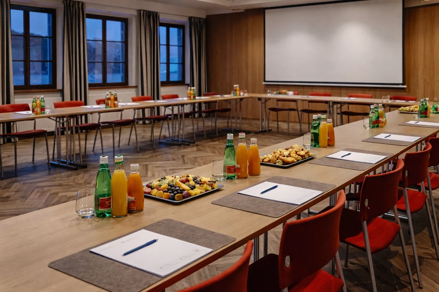 Ein Konferenzraum im Schloss Mattsee mit Tischen in U-Form, roten Stühlen, Getränken und Snacks.