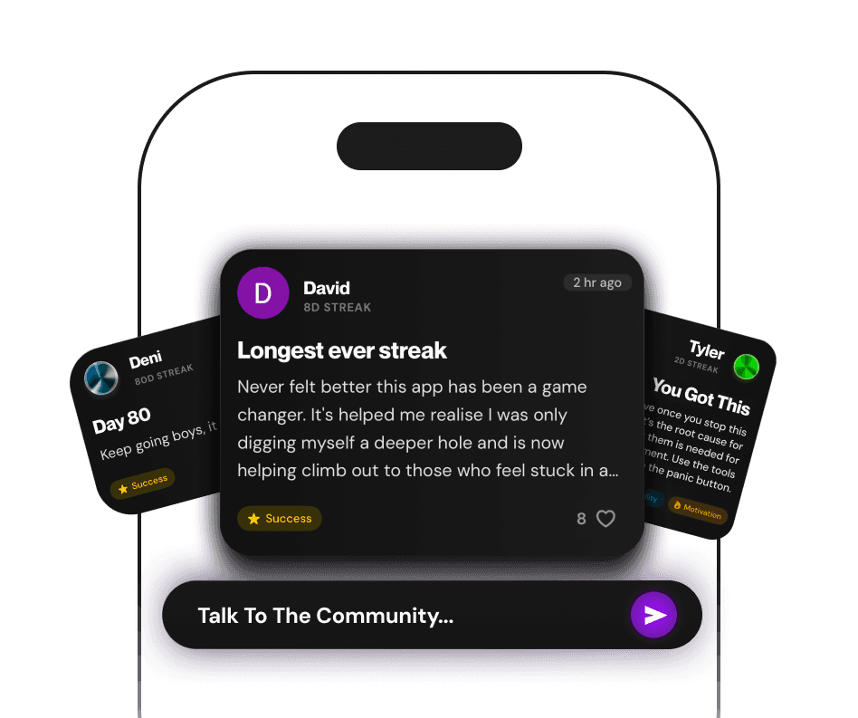 Quittr community feed on a phone screen, featuring a user post celebrating their longest streak and supportive comments
