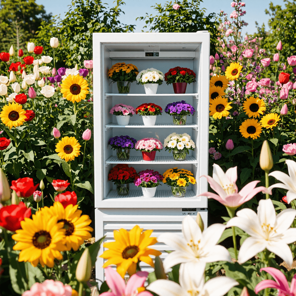 product photography of a display refrigerator for flowers