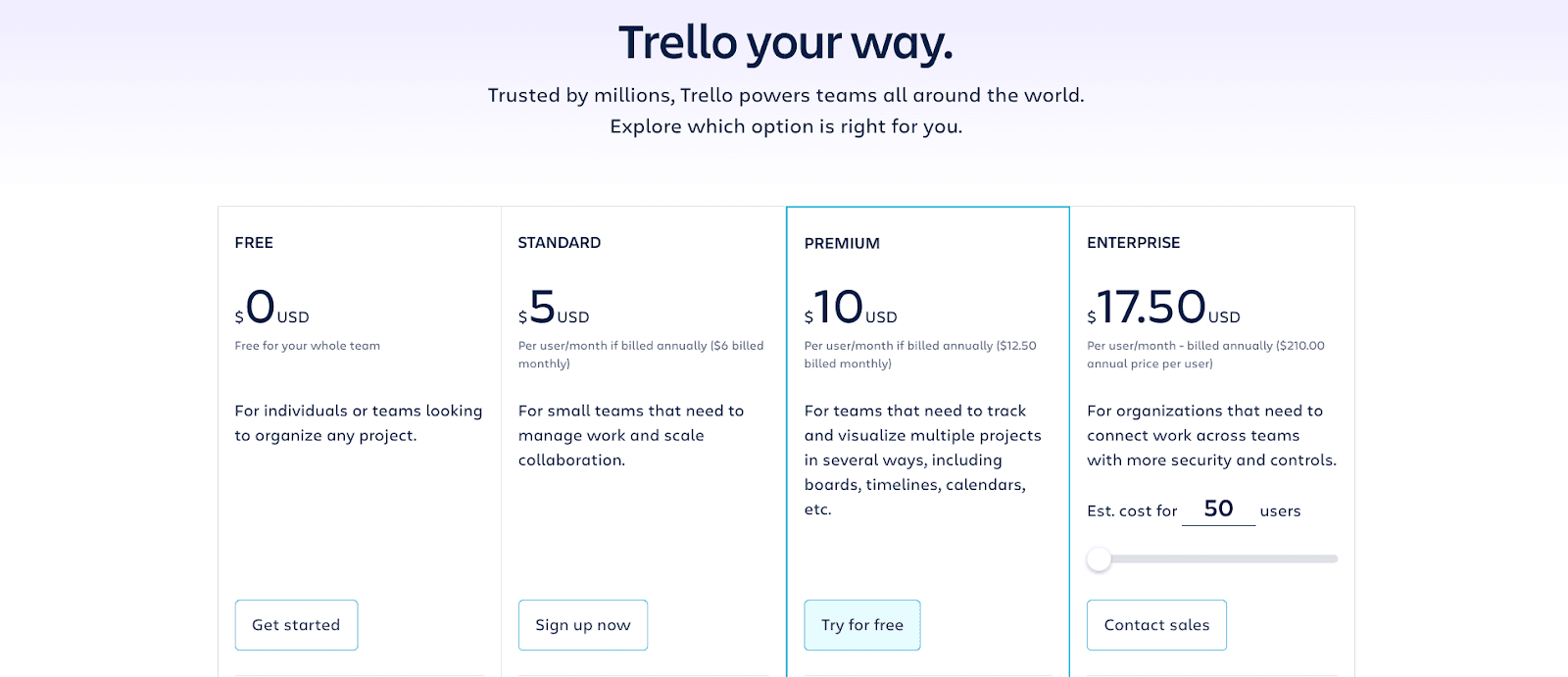 Trello pricing page screenshot