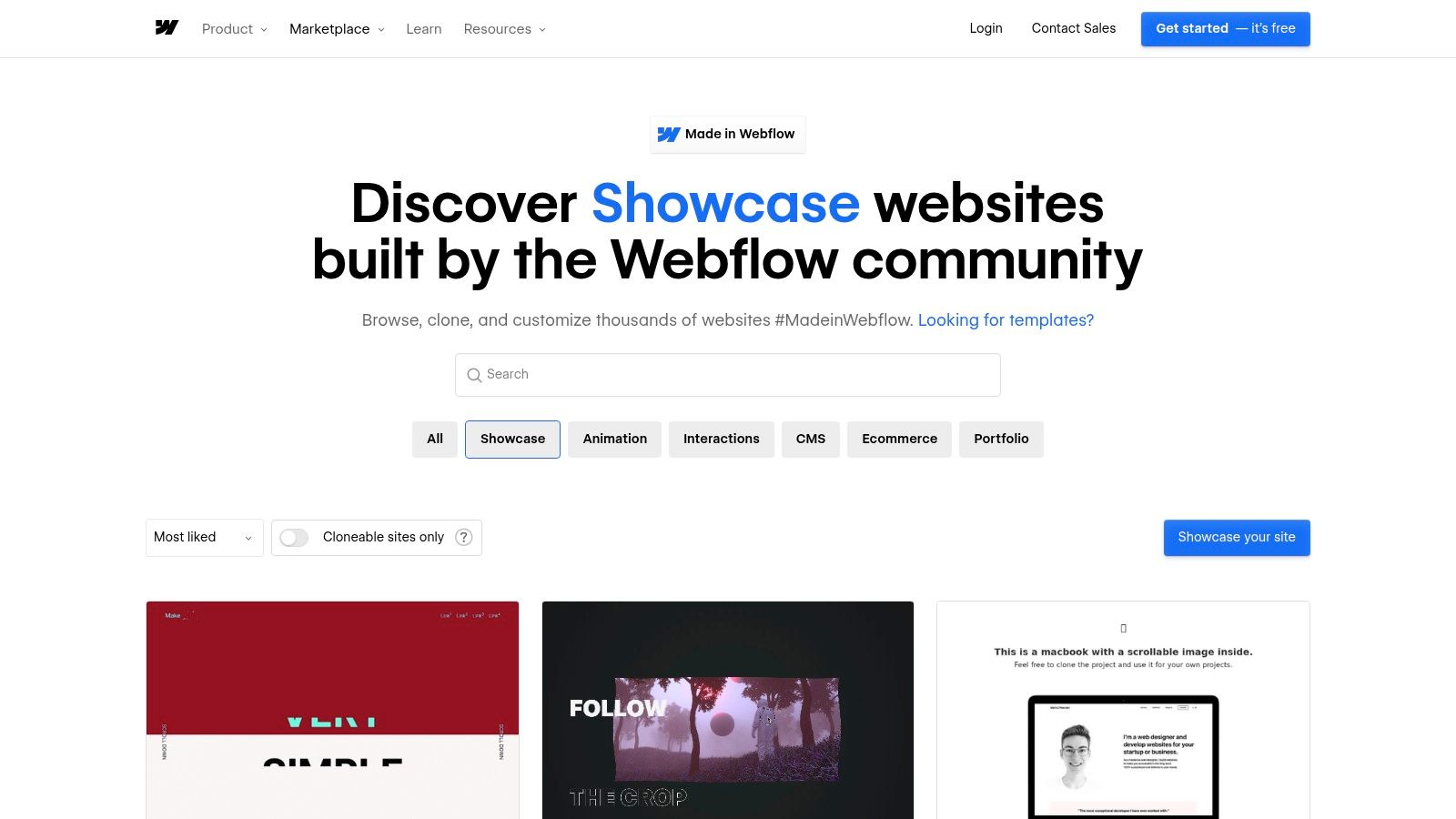 Webflow – Made in Webflow (community showcase + free cloneables)