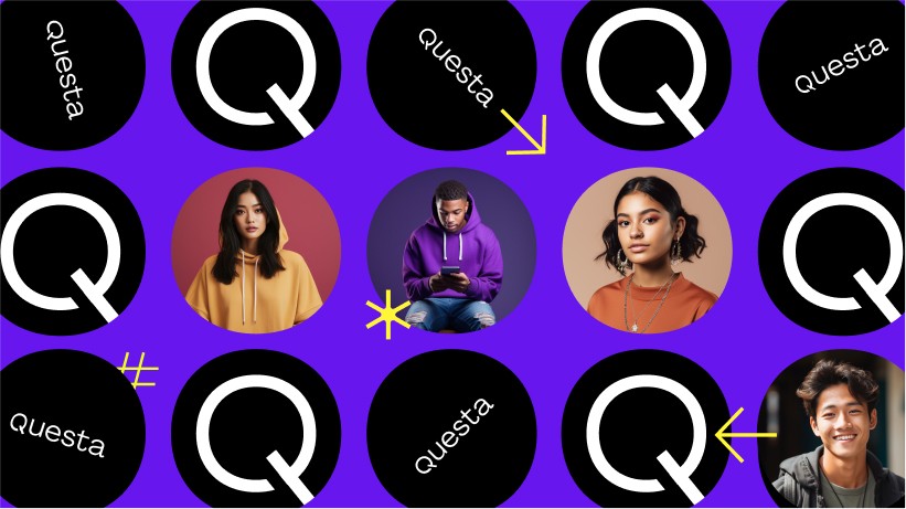 A colorful graphic featuring a grid of circles with the letter "Q" and several stylized images of individuals.