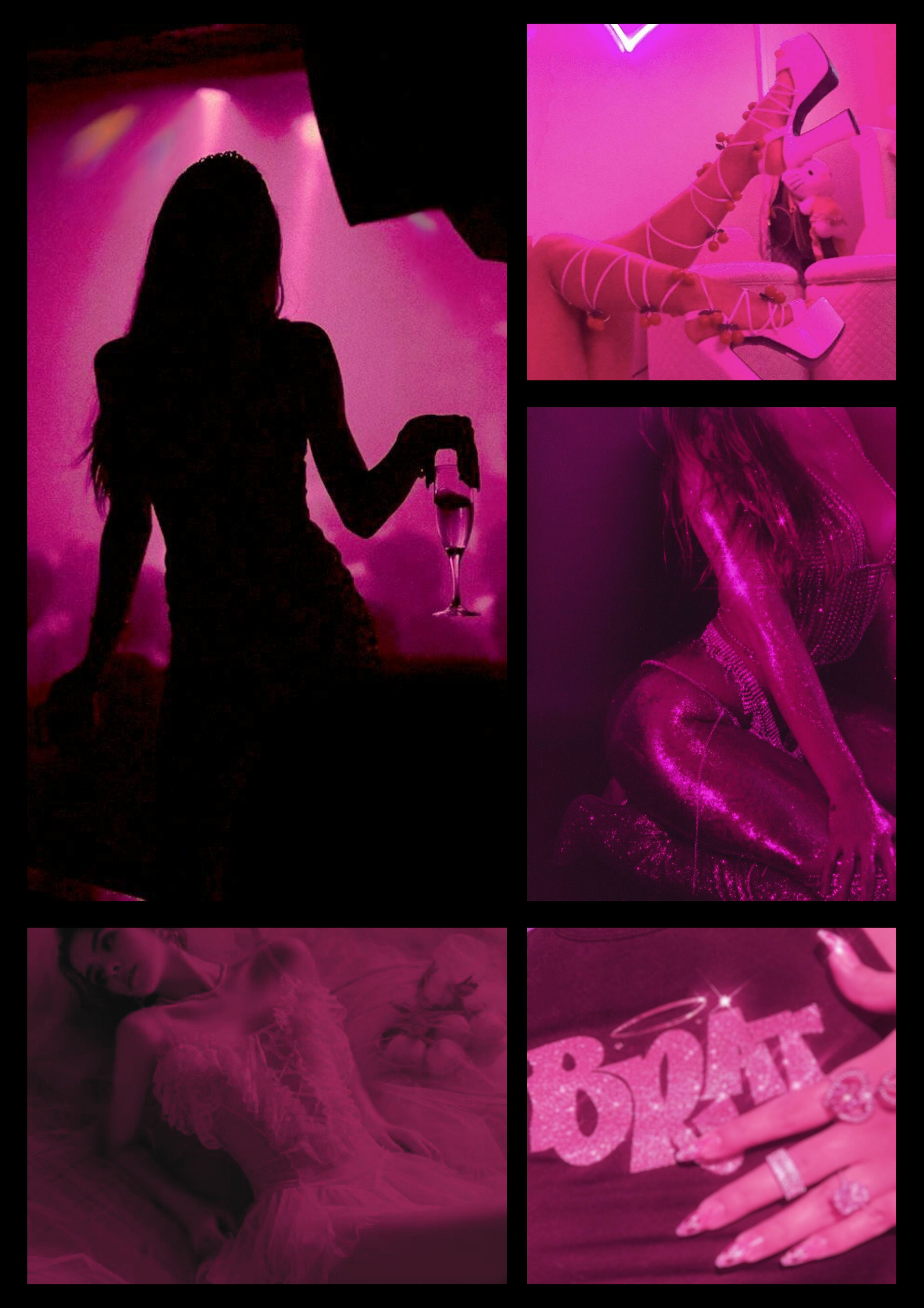 Pink toned moodboard showing a refined and intentional stage persona, representing clarity, control, and confidence after Angel’s rebrand.