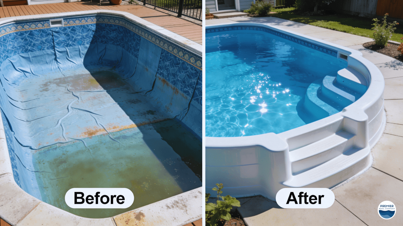 Converting liner pool to fiberglass showing before and after pool transformation