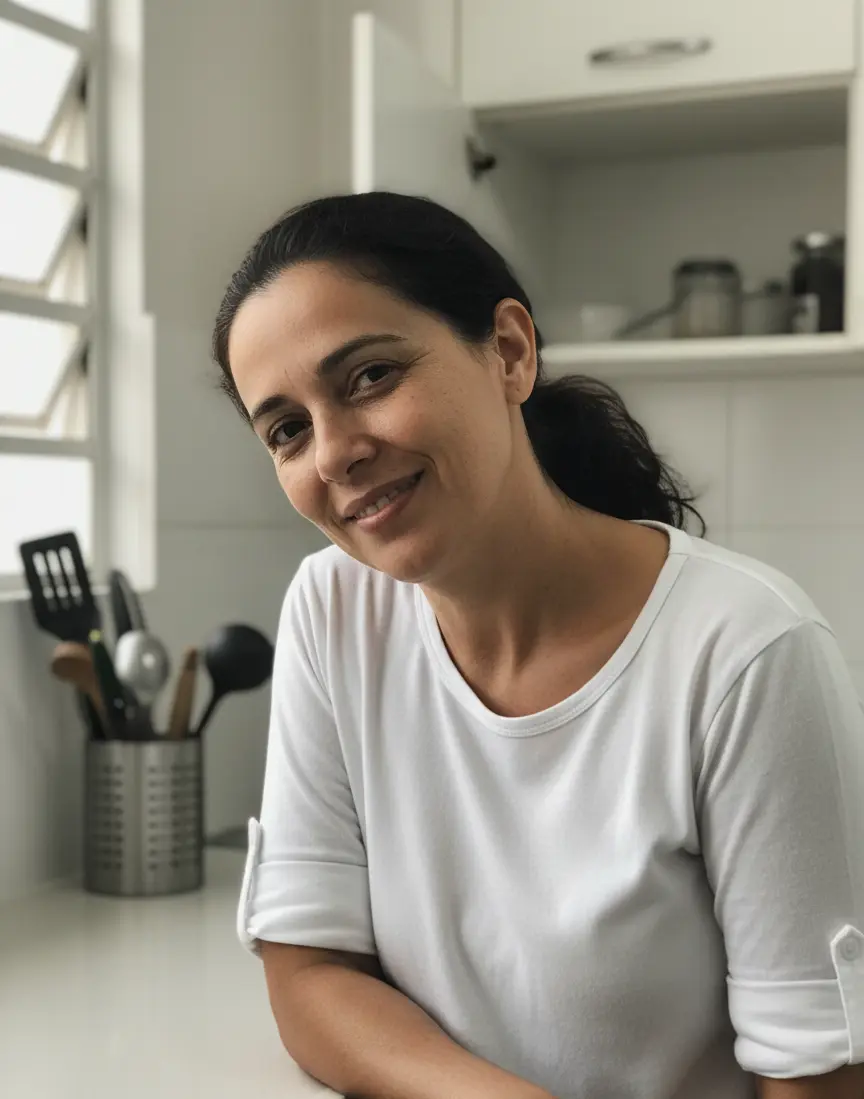 Mulher sorridente de camiseta branca em uma cozinha clara, com utensílios no balcão e armários abertos ao fundo.