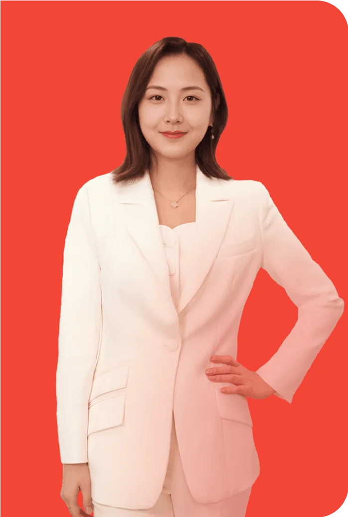 AI 스튜디오에서 심플한 배경 앞에 서 있는 여성 AI 아바타