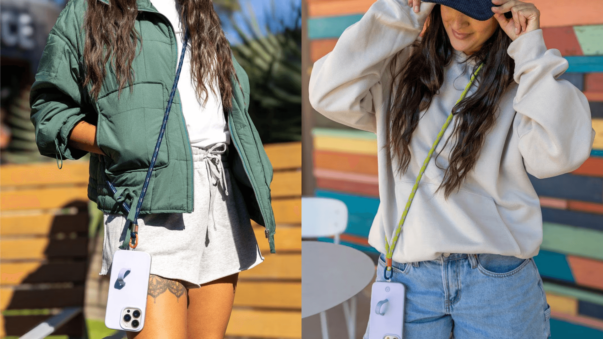 Two images next to eachother depicting a woman wearing a phone rope sling as a crossbody with her phone hanging from it.