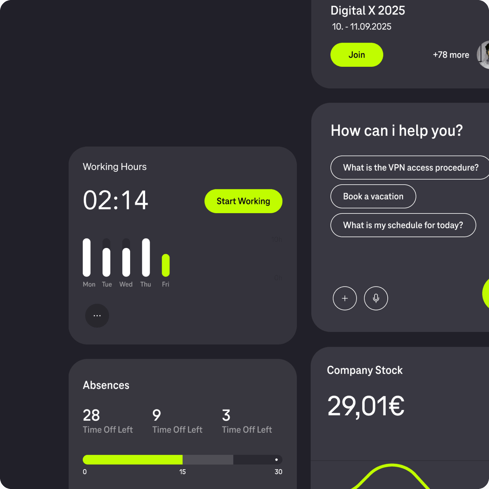 Close-up of UI card components of an employee app in dark mode showing graphs, diagrams and schedules with subtle branding.