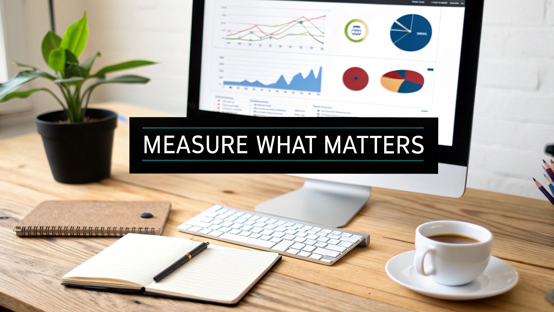 A workspace with a computer showing data analytics dashboards, notebooks, a plant, and coffee, with 'MEASURE WHAT MATTERS' text.