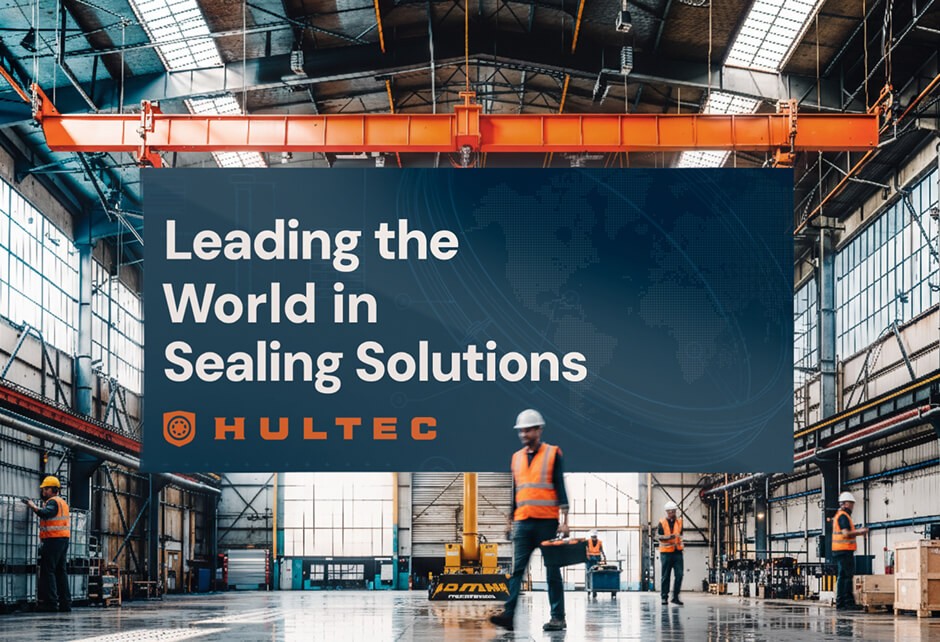 Workers in safety vests walk in a large industrial warehouse with a banner reading, Leading the World in Sealing Solutions HULTEC, hanging from a crane.