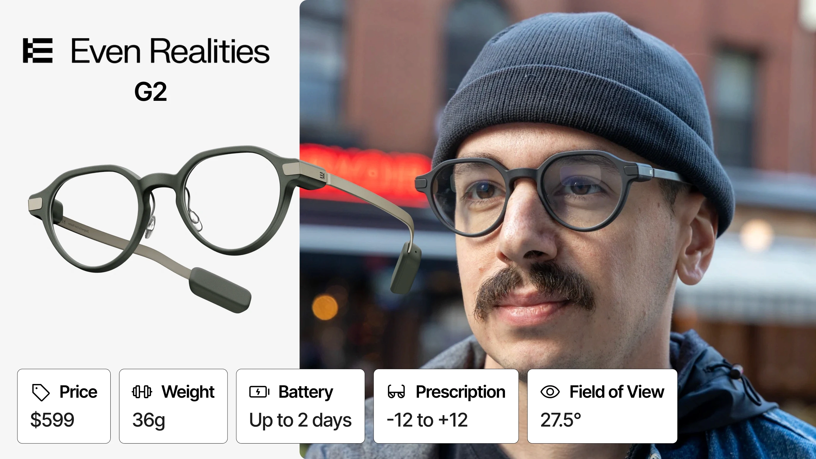 Even Realities G2 AR display glasses: price, weight, battery, prescription lens support, and field of view specs