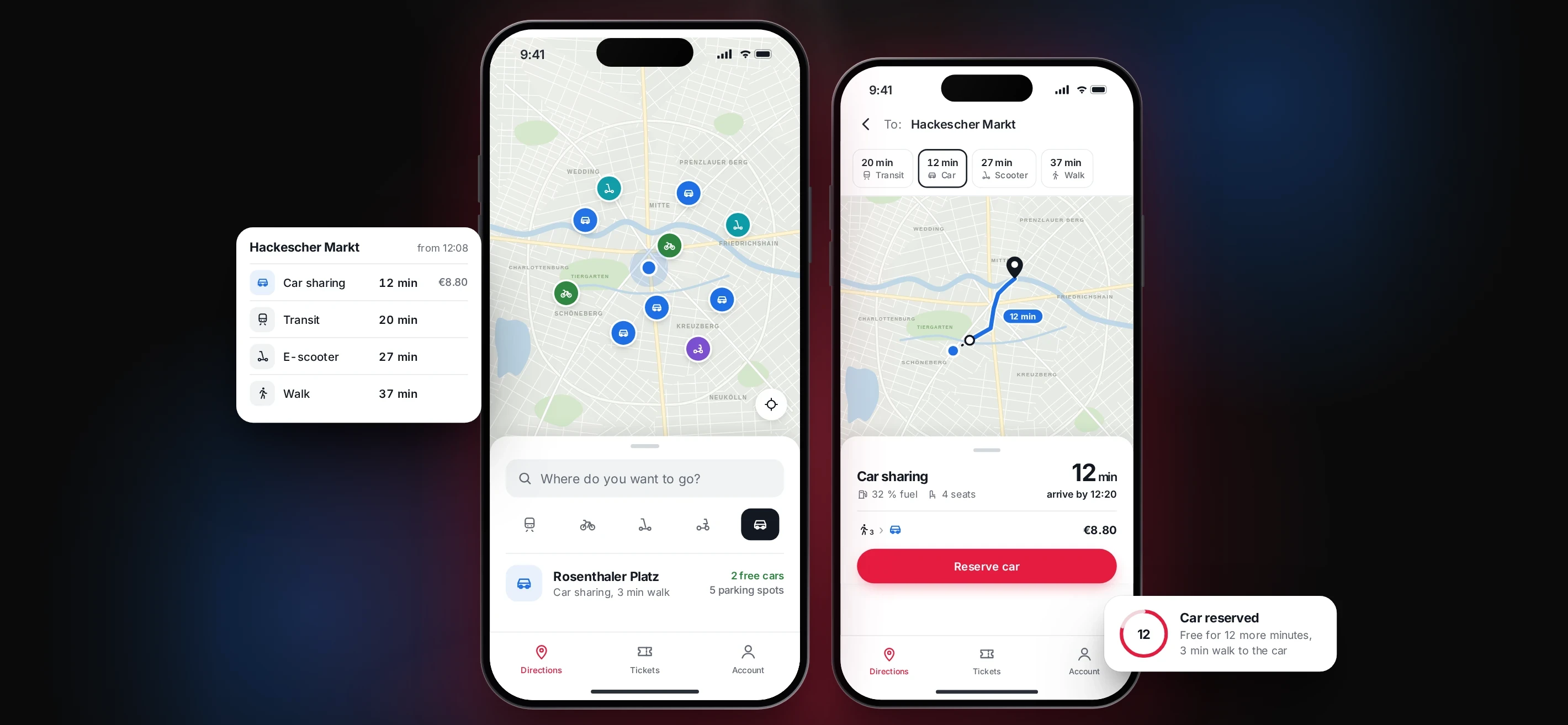 Illustrative interface: mobility app with car sharing, bikes and scooters on a Berlin map and a car sharing route to Hackescher Markt