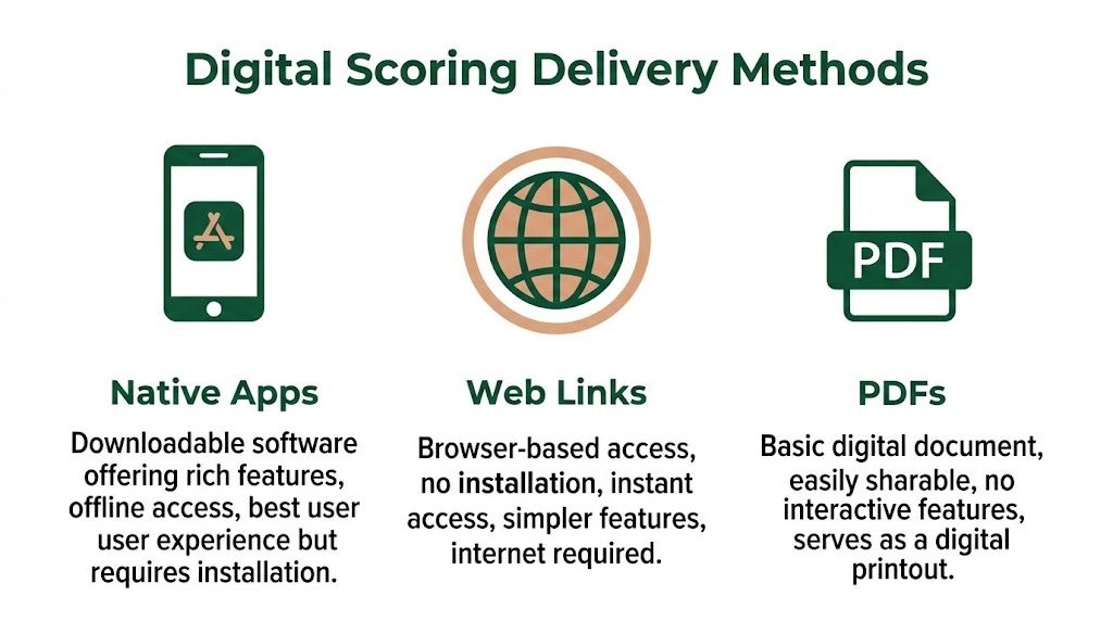 An infographic illustrating three digital golf scorecards delivery methods: native apps, web links, and PDF files.