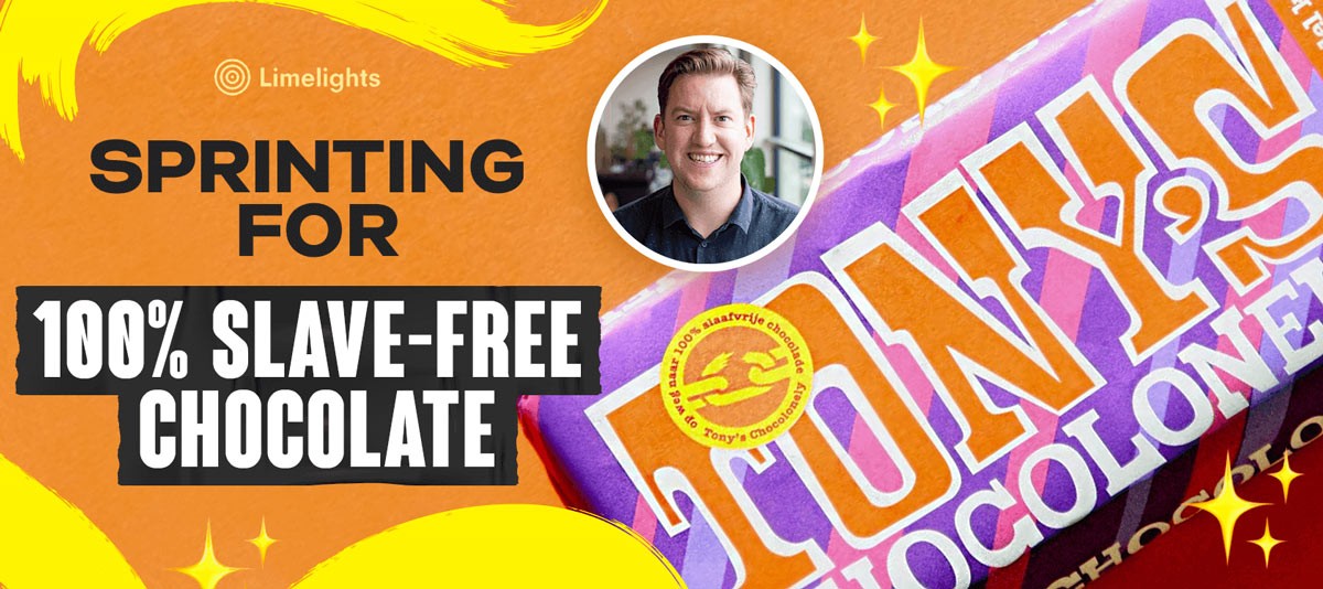 Wide banner with Tony's Chocolonely packaging, speaker portrait, and slave-free chocolate Design Sprint text