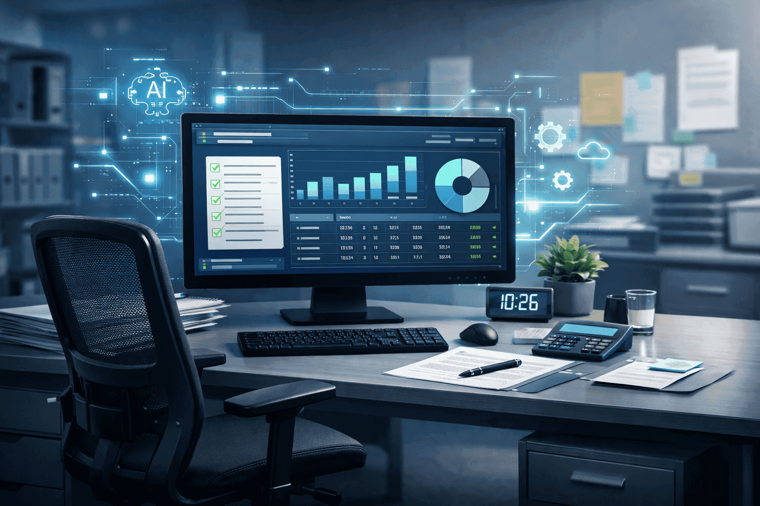 Leerer Arbeitsplatz in der Lohnbuchhaltung mit Computer, der eine KI-gestützte, automatisierte Lohnabrechnung mit Diagrammen und geprüften Daten anzeigt