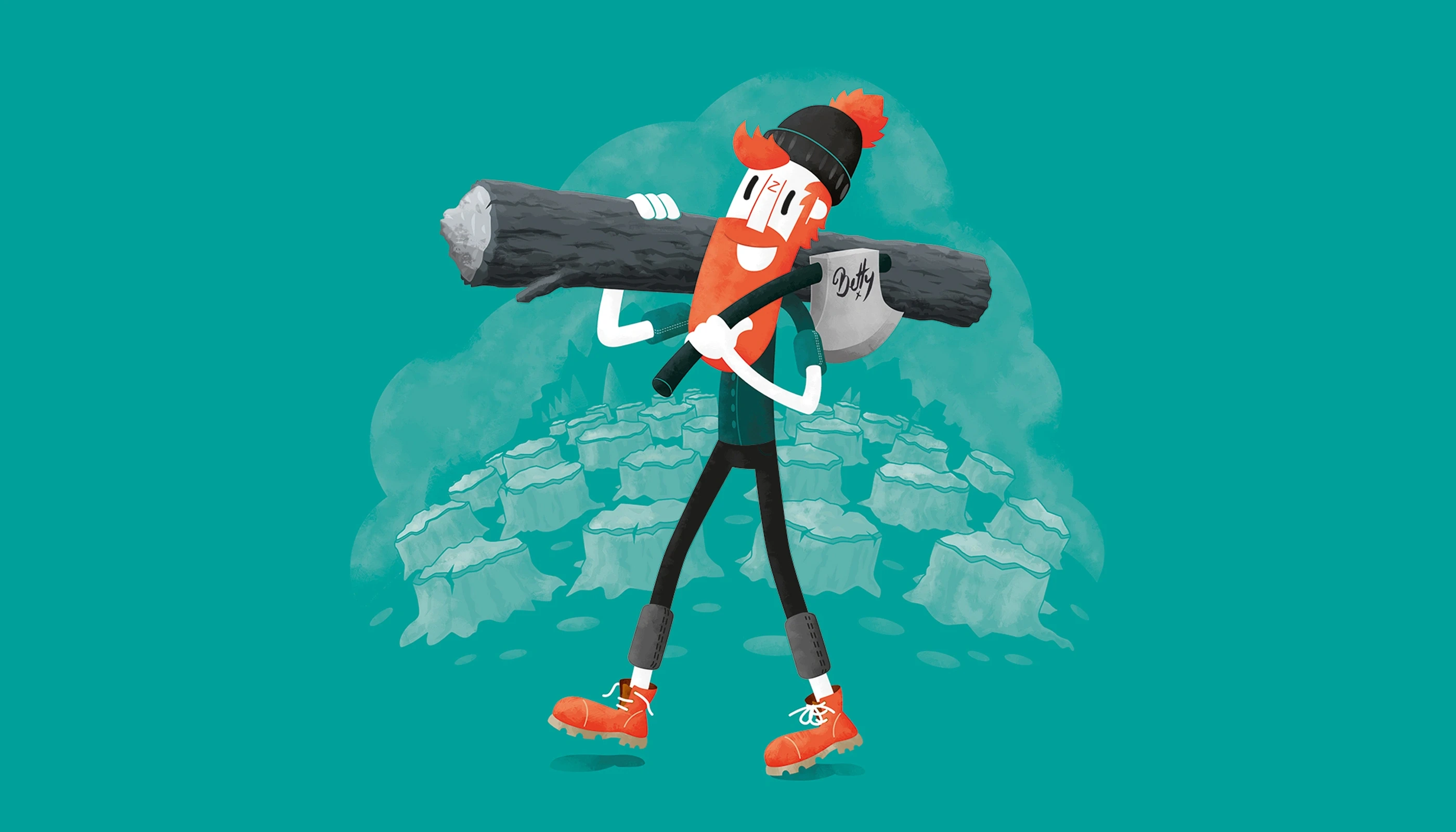 Illustration of a very happy bearded lumberjack carrying a log