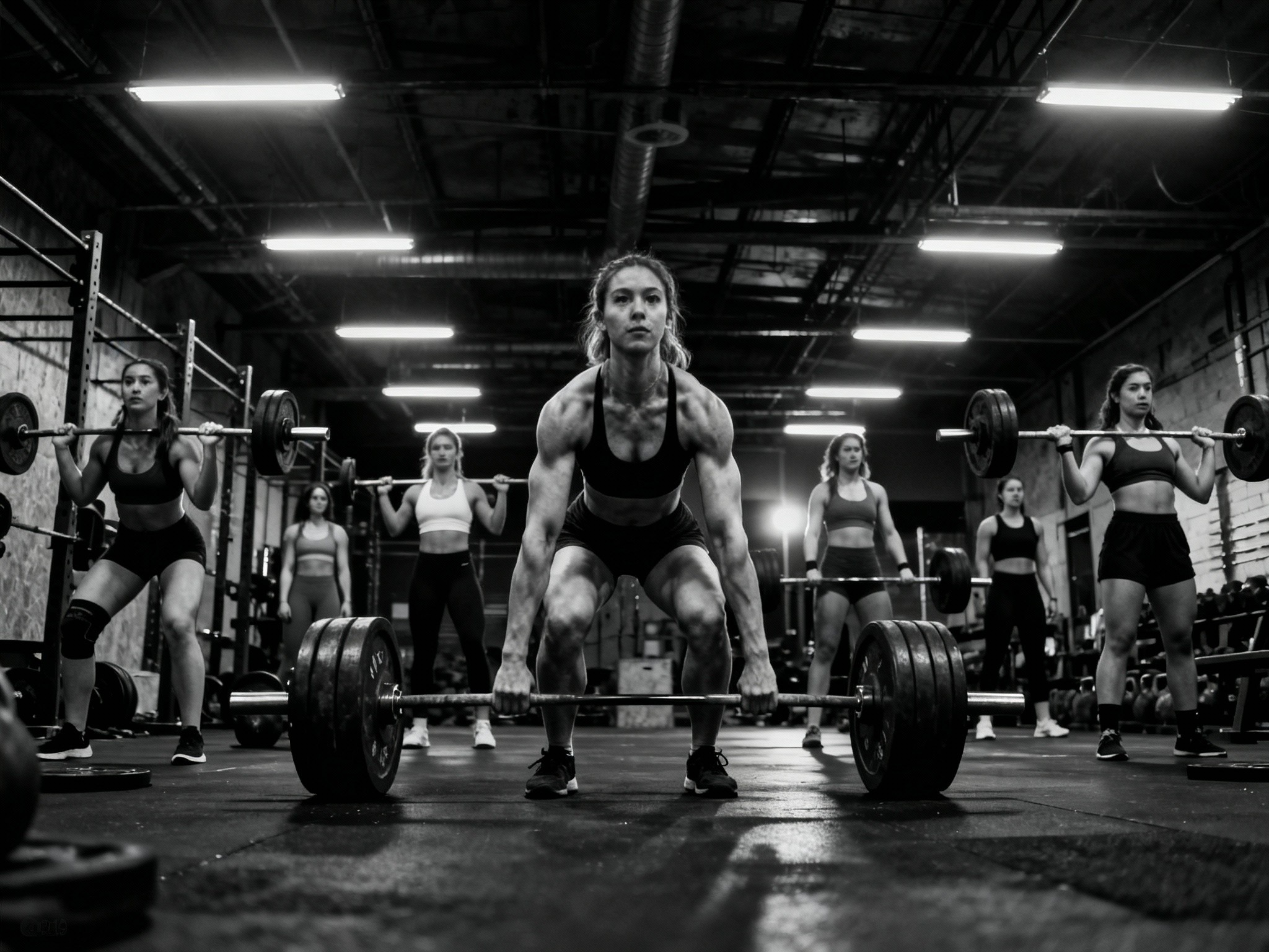 An intense late-night gym interior shot in format featuring a diverse group of girls with prominent