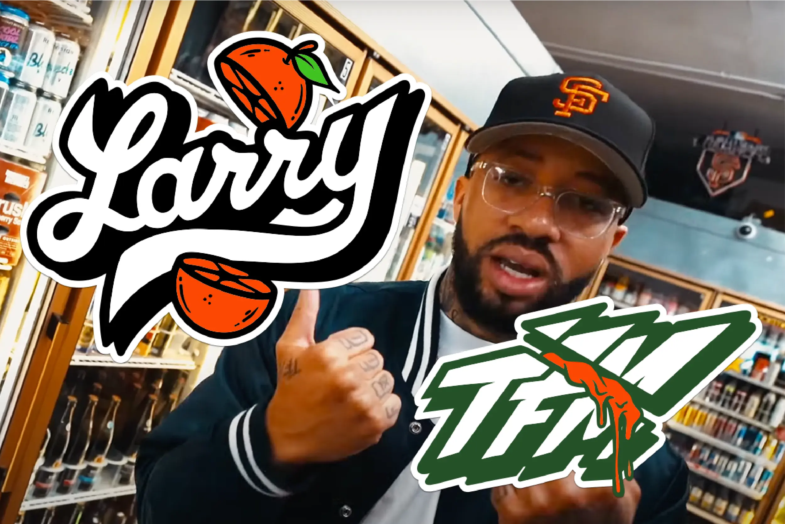 Larry June in a liquor store with custom script font cutting through an orange and TFM letters split with orange juice pouring out, part of Cooks & Orange Juice album graphics.