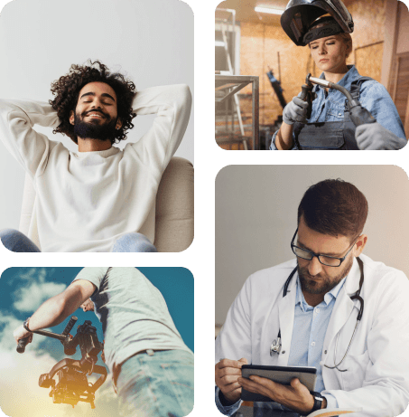 A collage of 4 people working or relaxing.