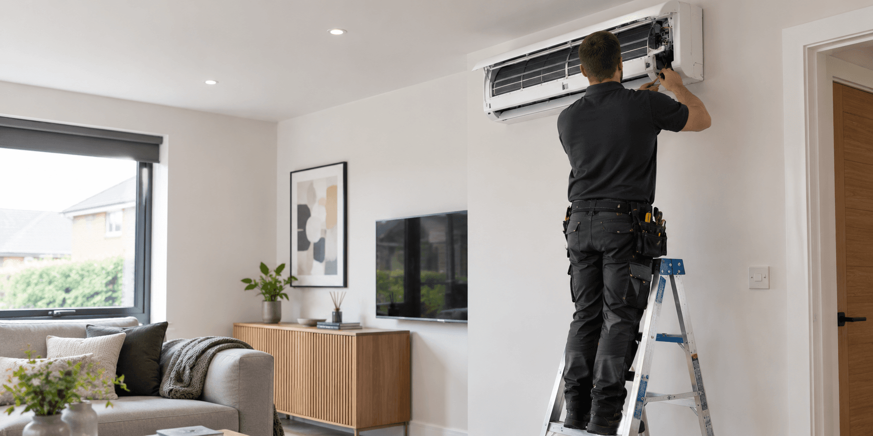 Technician working on air conditioning unit standing on a ladder