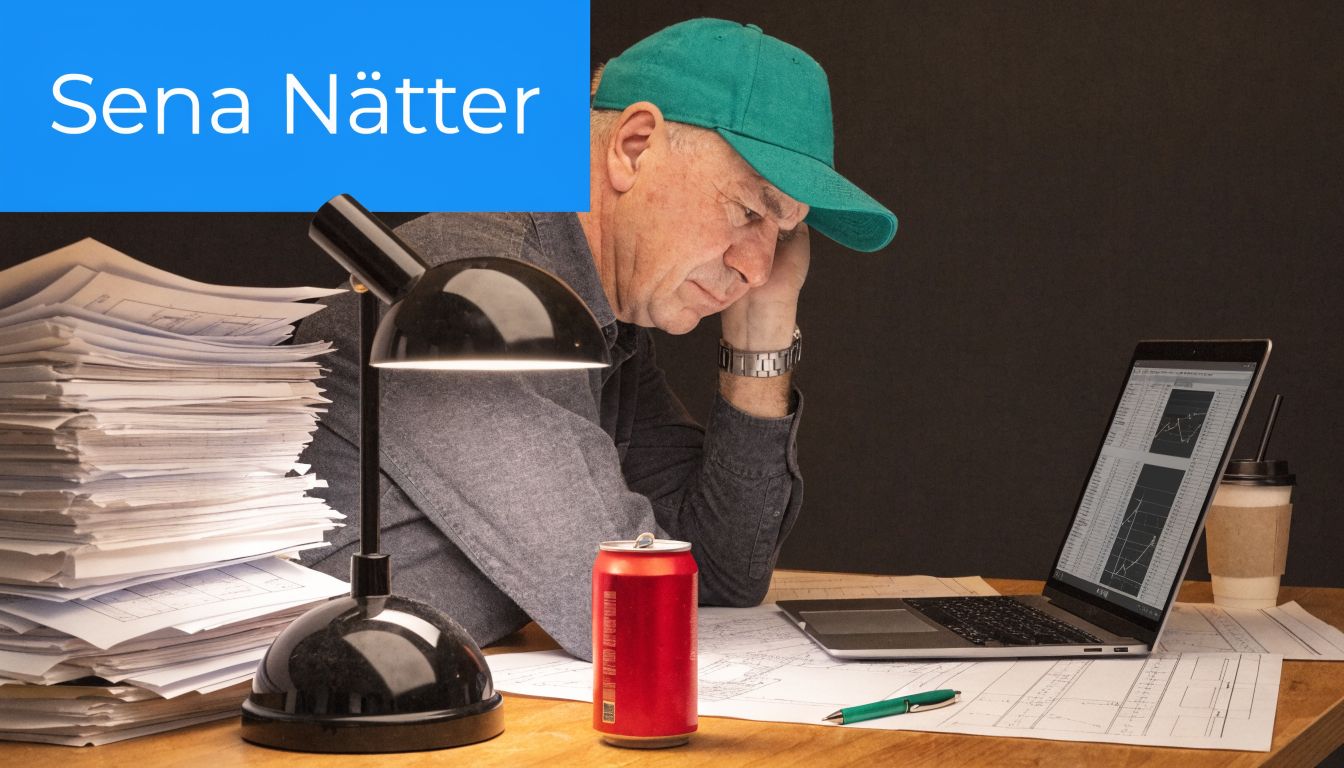 En trött man som arbetar sent med dokument och laptop vid ett skrivbord med kaffe och läsk.