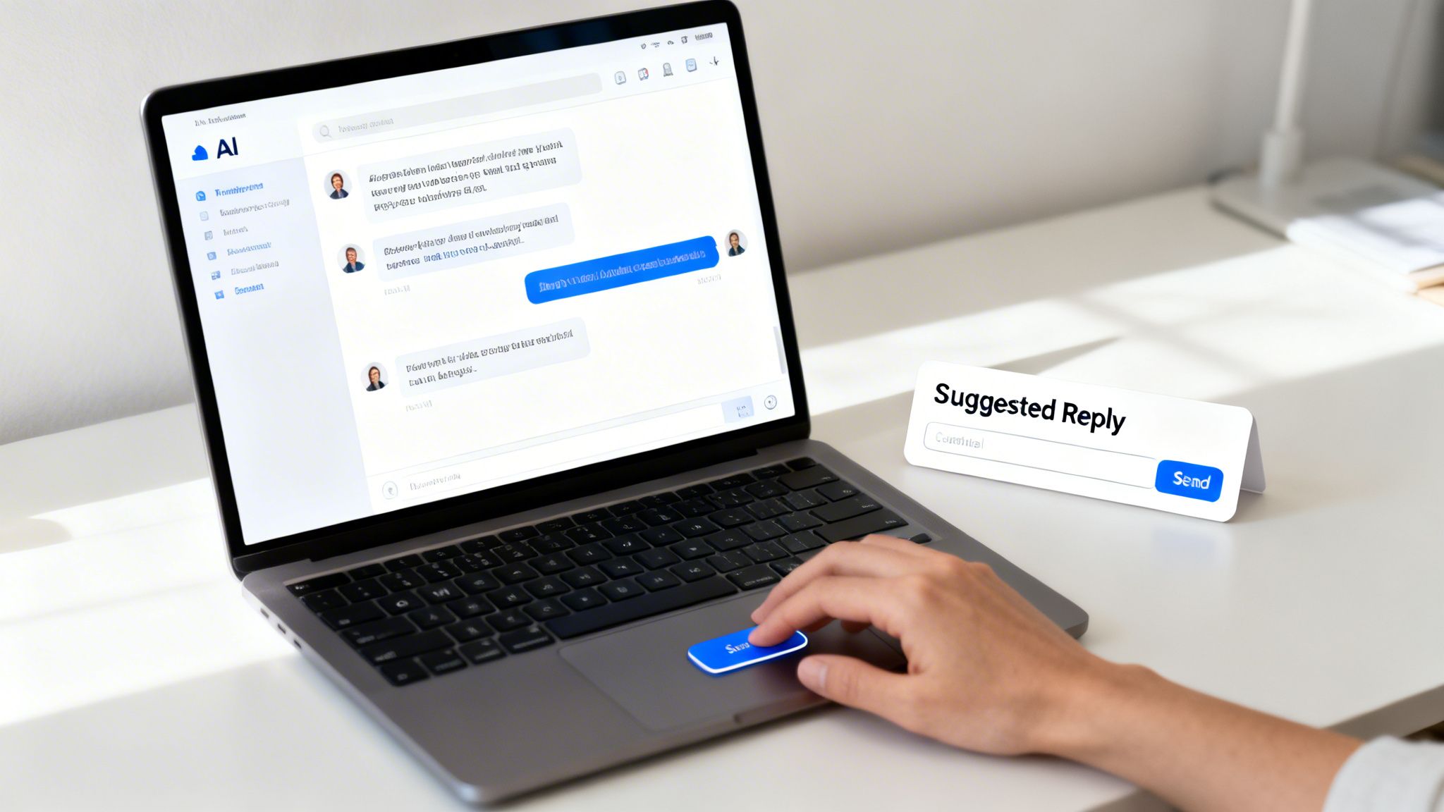 A hand presses a 'Send' button on a laptop showing an AI chat interface and a 'Suggested Reply' card.