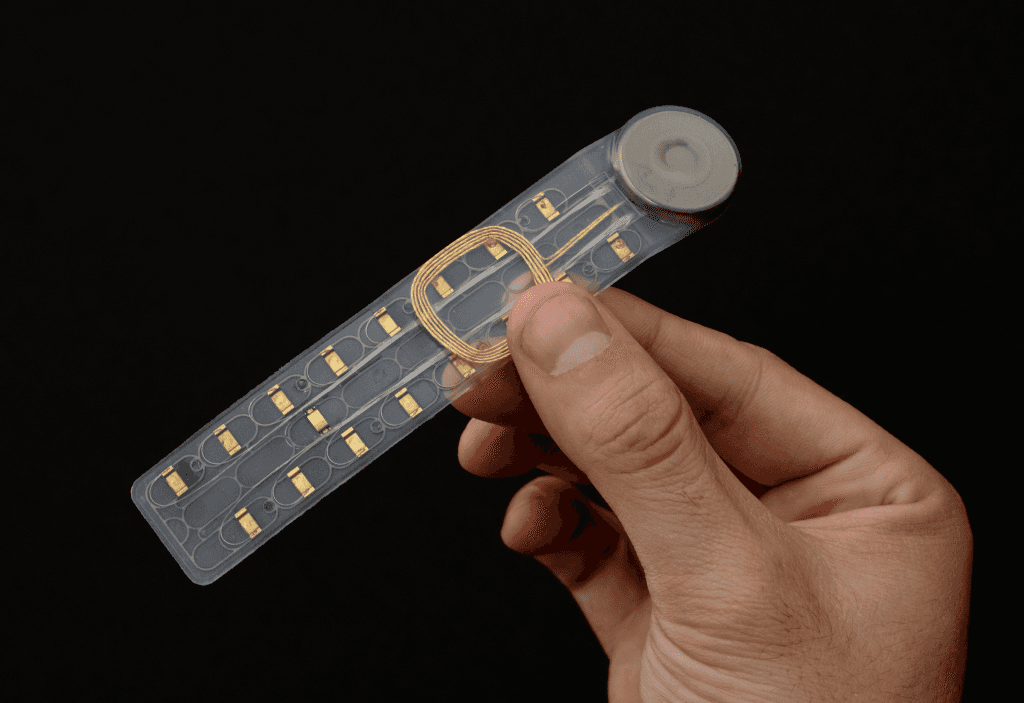 a blue and pink background with a circular object in the middle