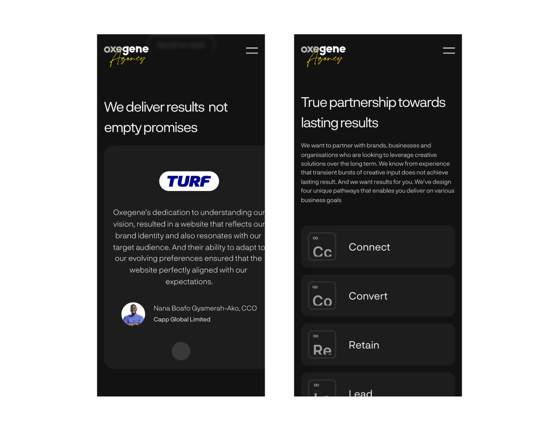 Oxegene testimonials mobile section