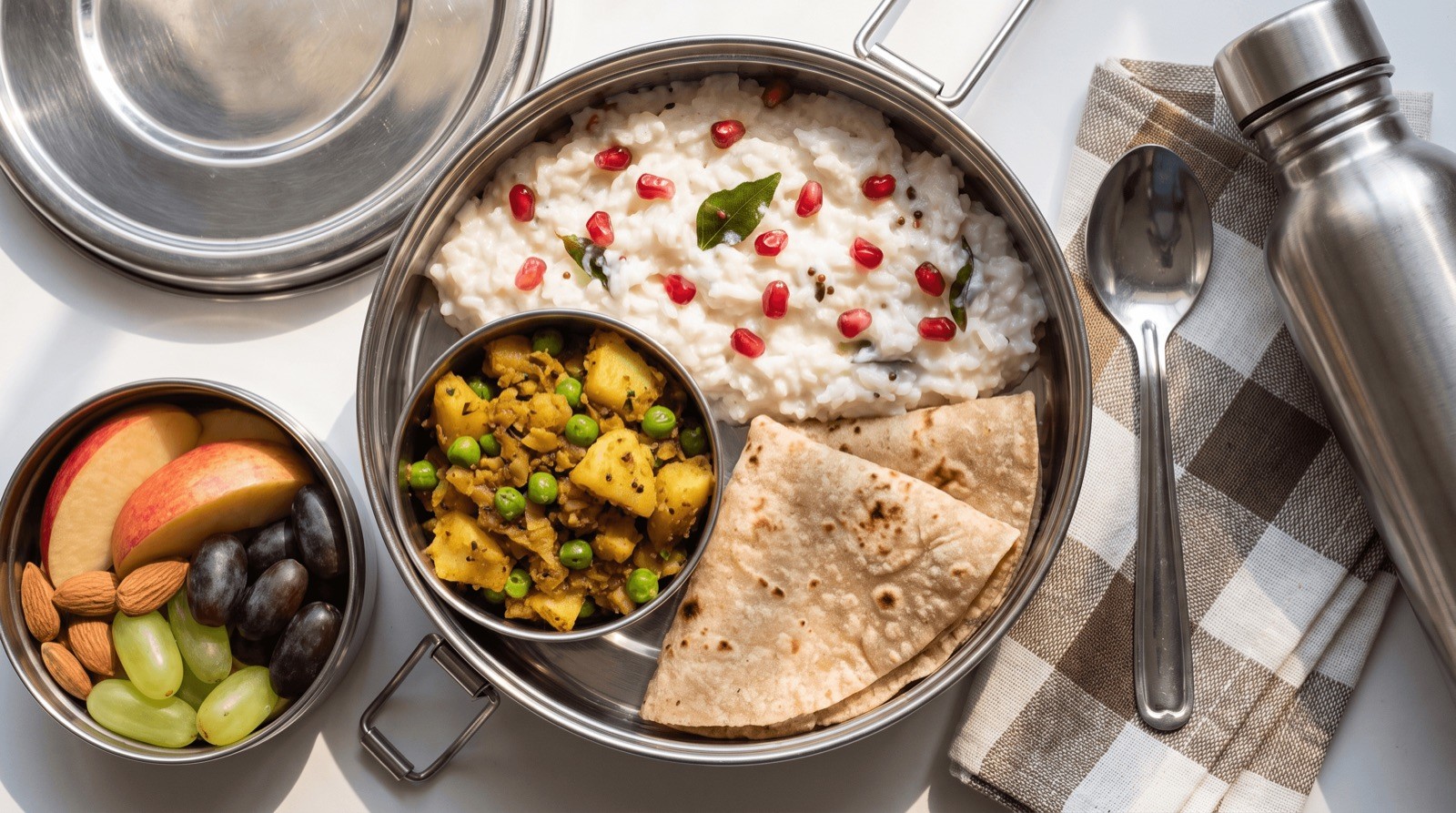 An open steel school lunchbox packed with curd rice, vegetable sabzi, rotis and a side container of fruit and almonds, with a steel spoon and water bottle.
